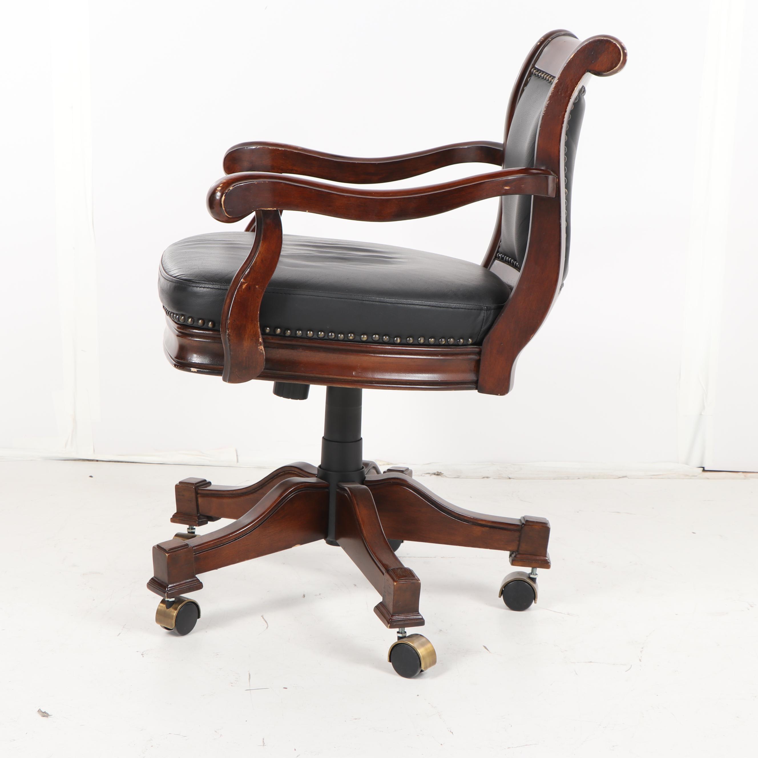 Leather Upholstered Stained Poplar Office Armchairs on Casters, 20th Century