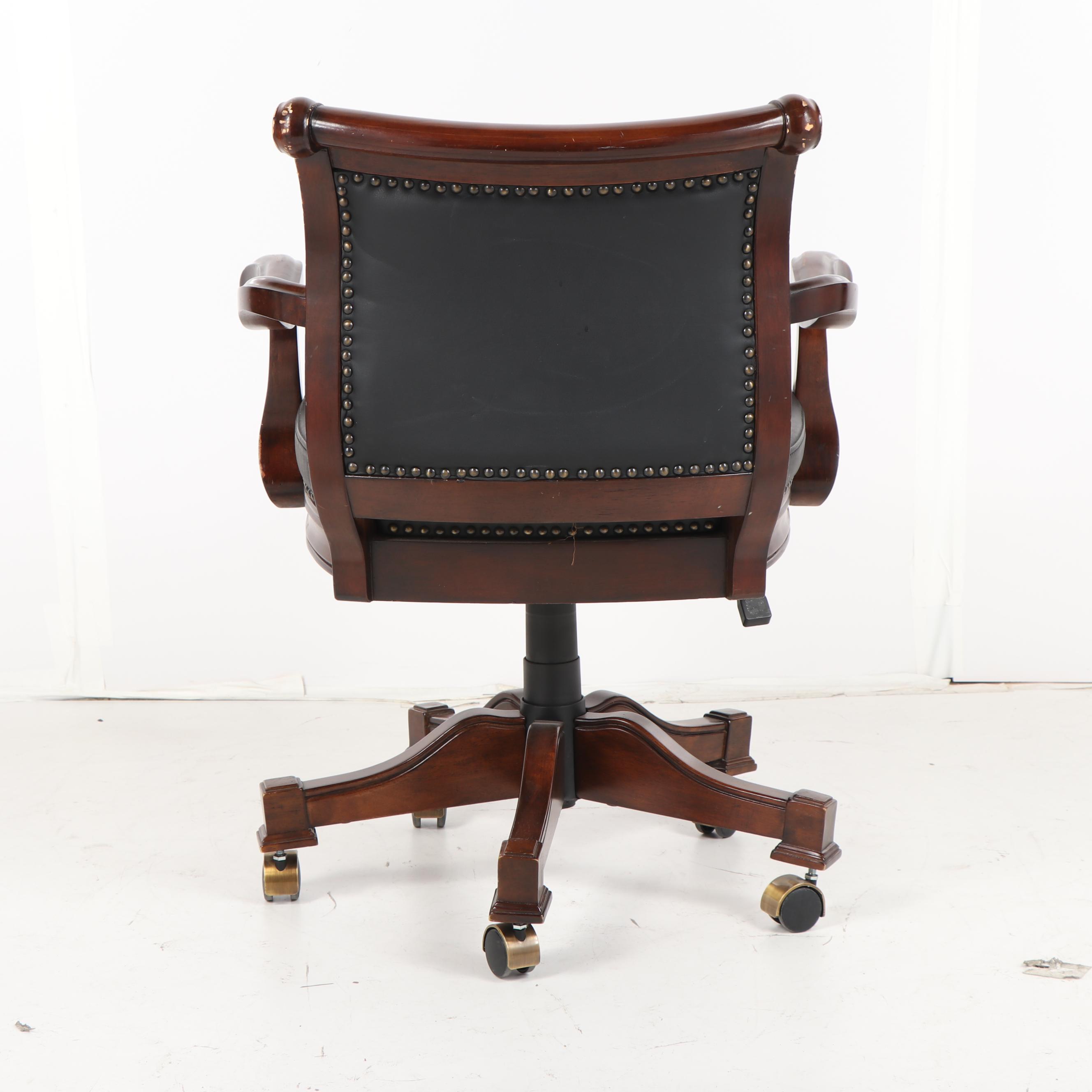 Leather Upholstered Stained Poplar Office Armchairs on Casters, 20th Century