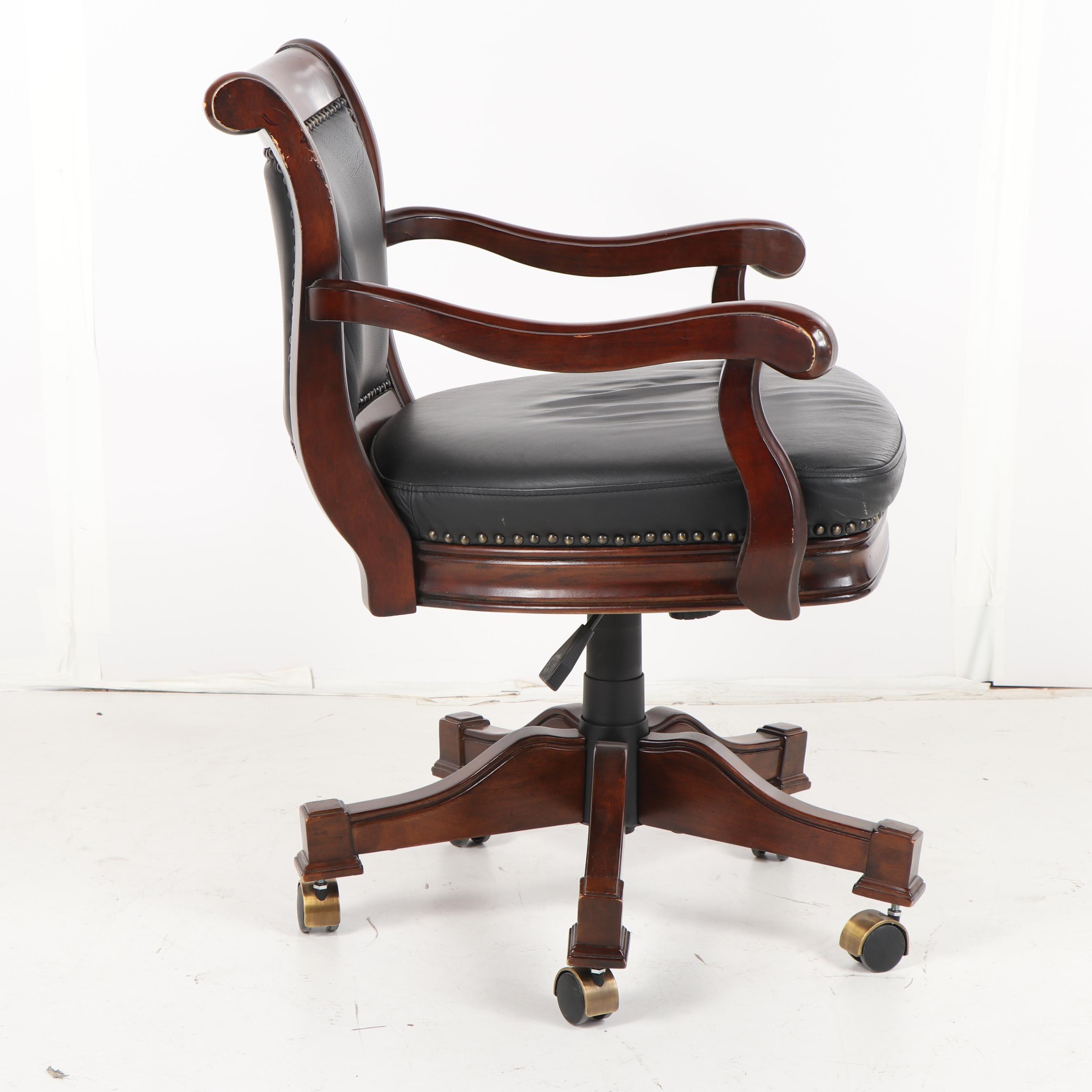 Leather Upholstered Stained Poplar Office Armchairs on Casters, 20th Century