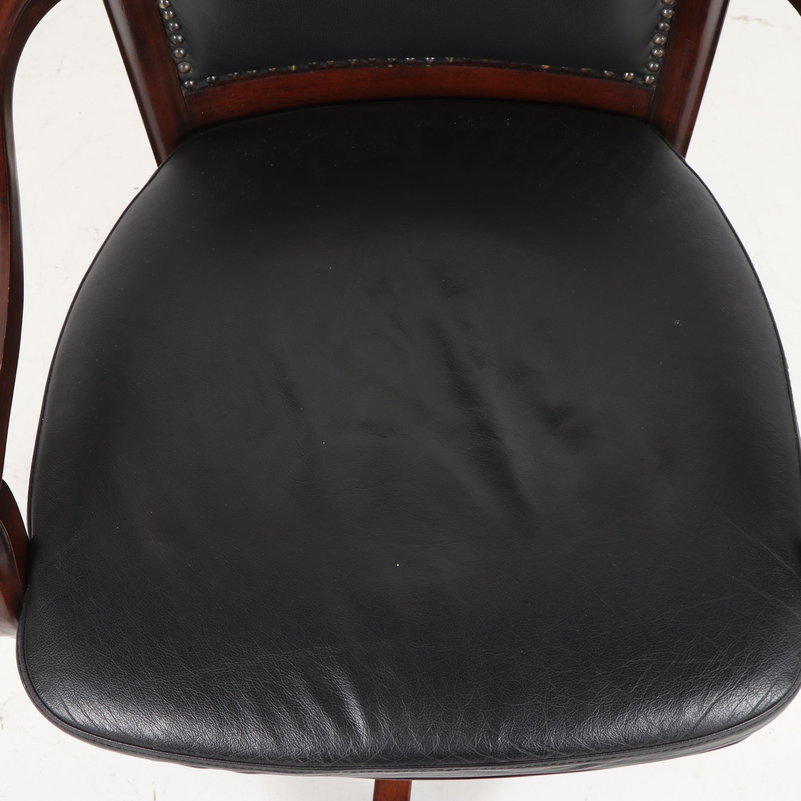 Leather Upholstered Stained Poplar Office Armchairs on Casters, 20th Century