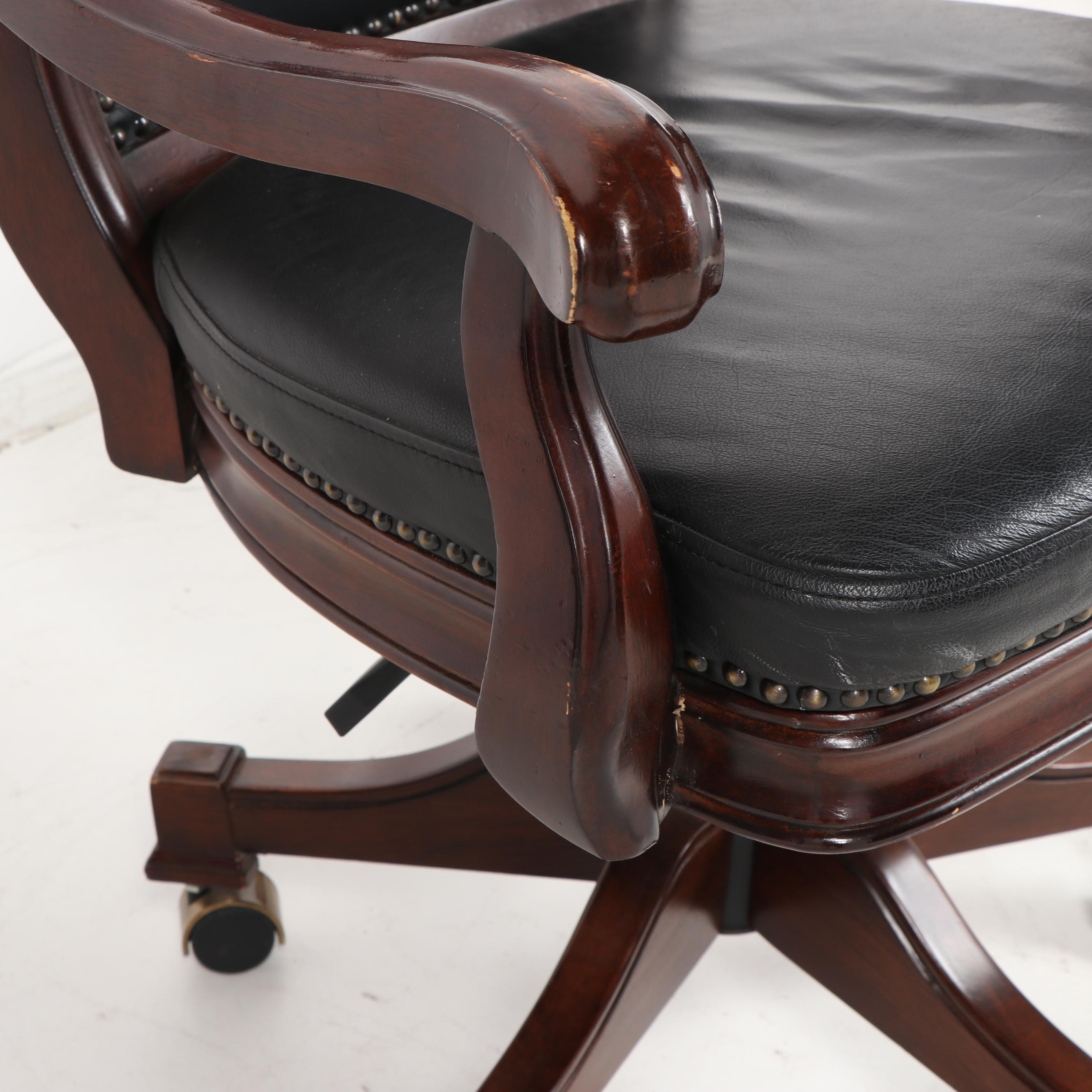 Leather Upholstered Stained Poplar Office Armchairs on Casters, 20th Century