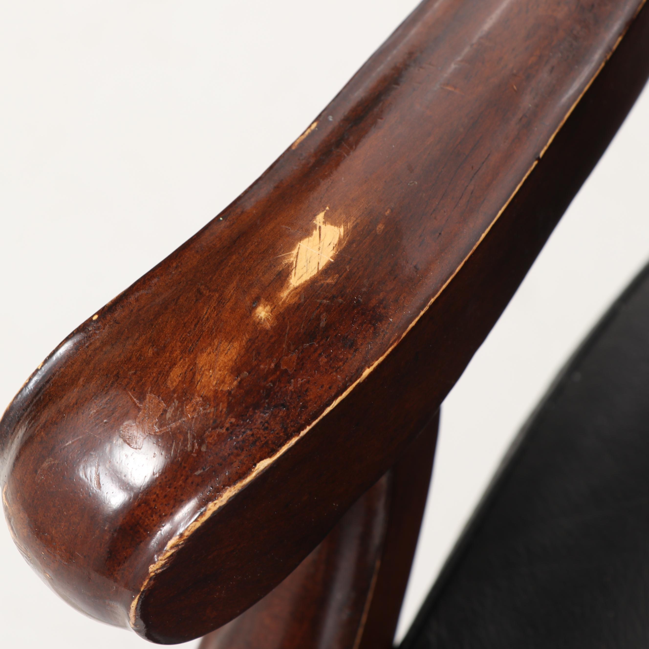 Leather Upholstered Stained Poplar Office Armchairs on Casters, 20th Century