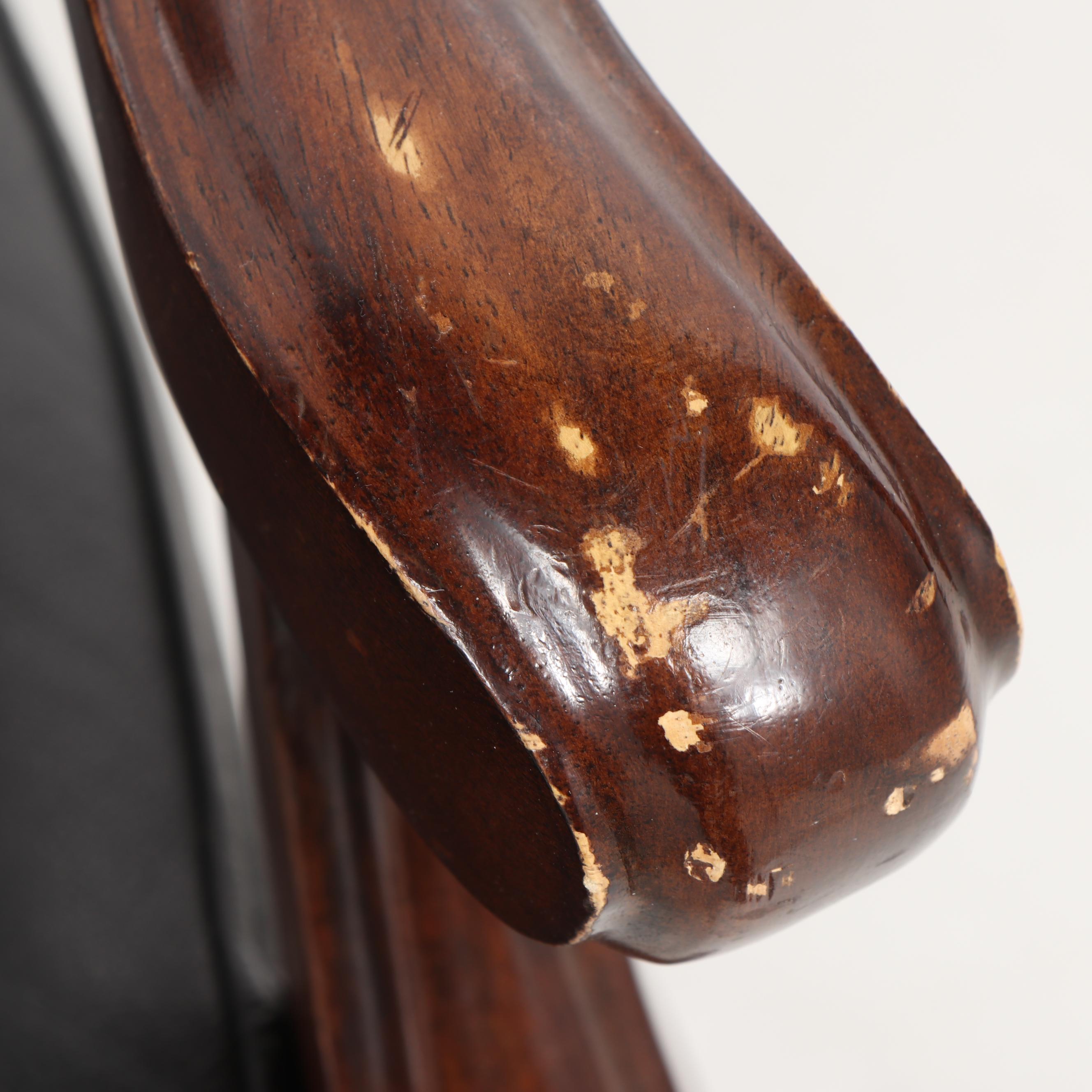 Leather Upholstered Stained Poplar Office Armchairs on Casters, 20th Century