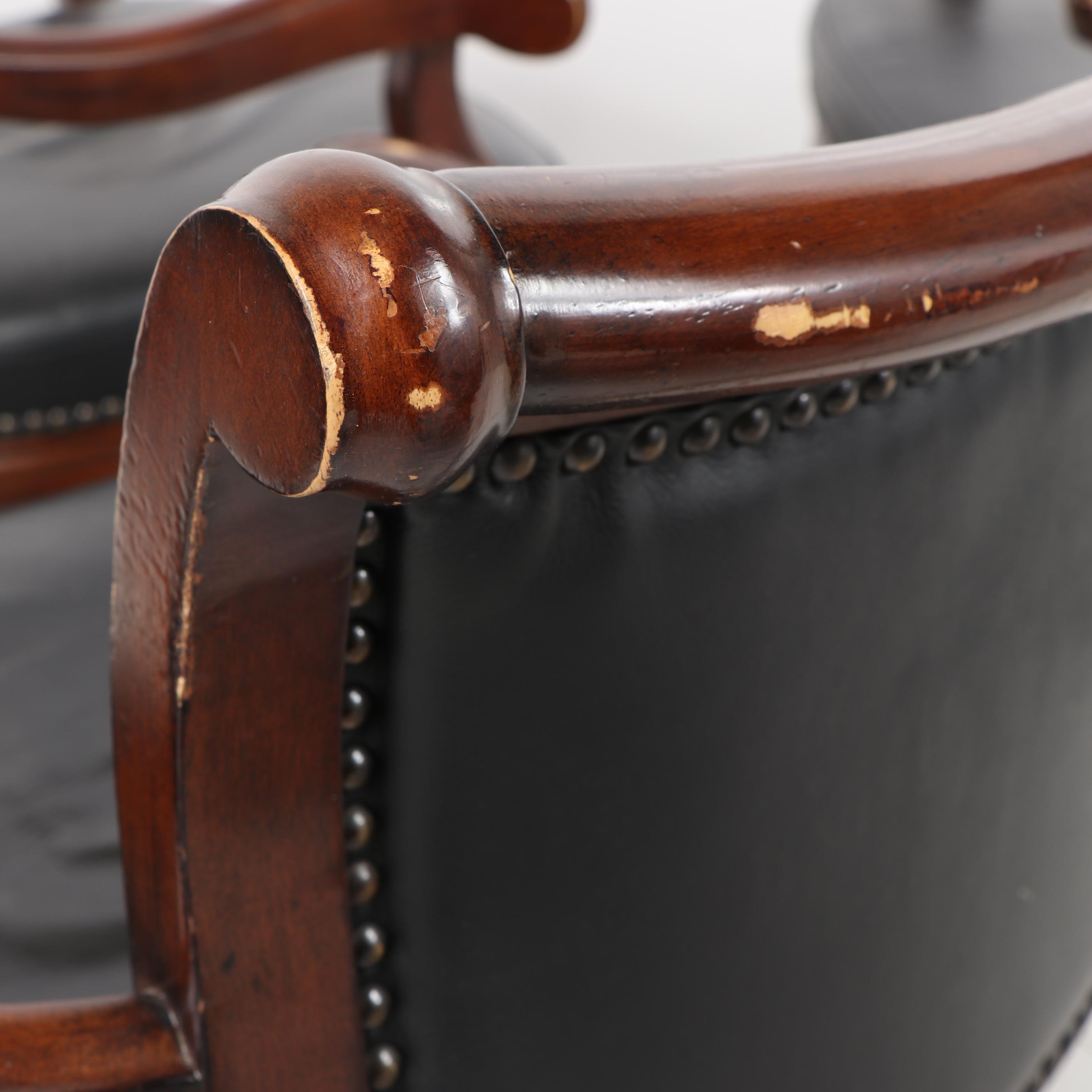 Leather Upholstered Stained Poplar Office Armchairs on Casters, 20th Century