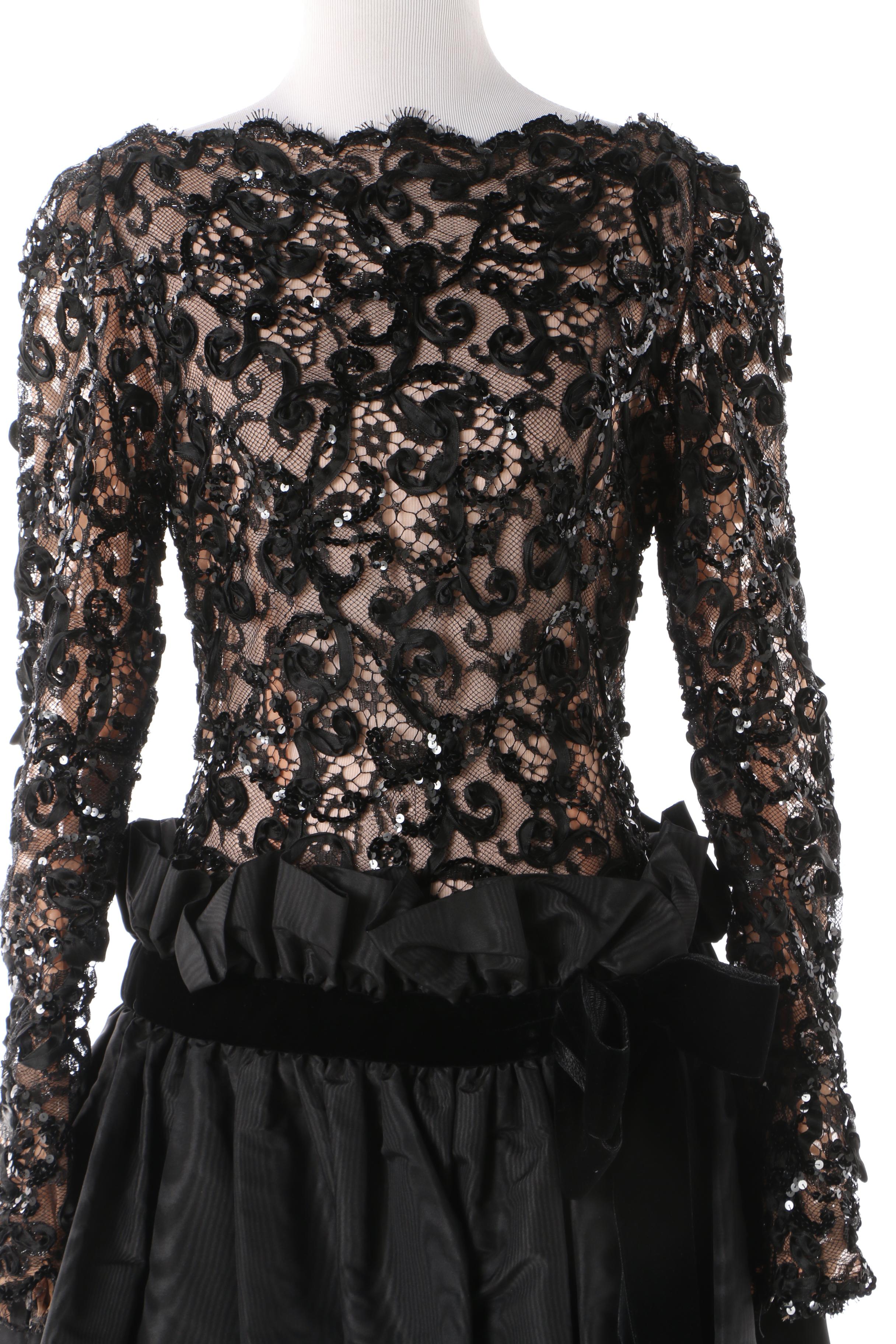 1980s Bob Mackie Black Lace and Sequin Cocktail Dress with Velvet Bow Detail