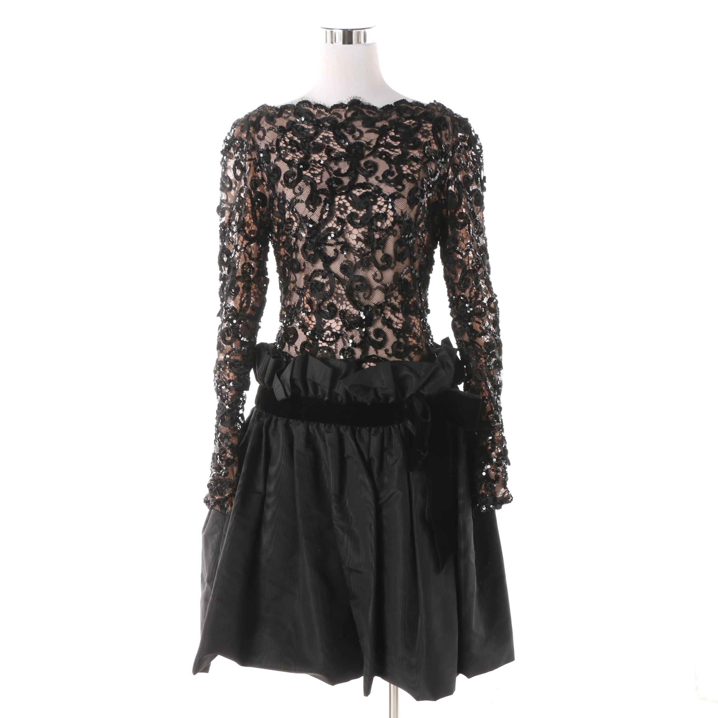 1980s Bob Mackie Black Lace and Sequin Cocktail Dress with Velvet Bow Detail
