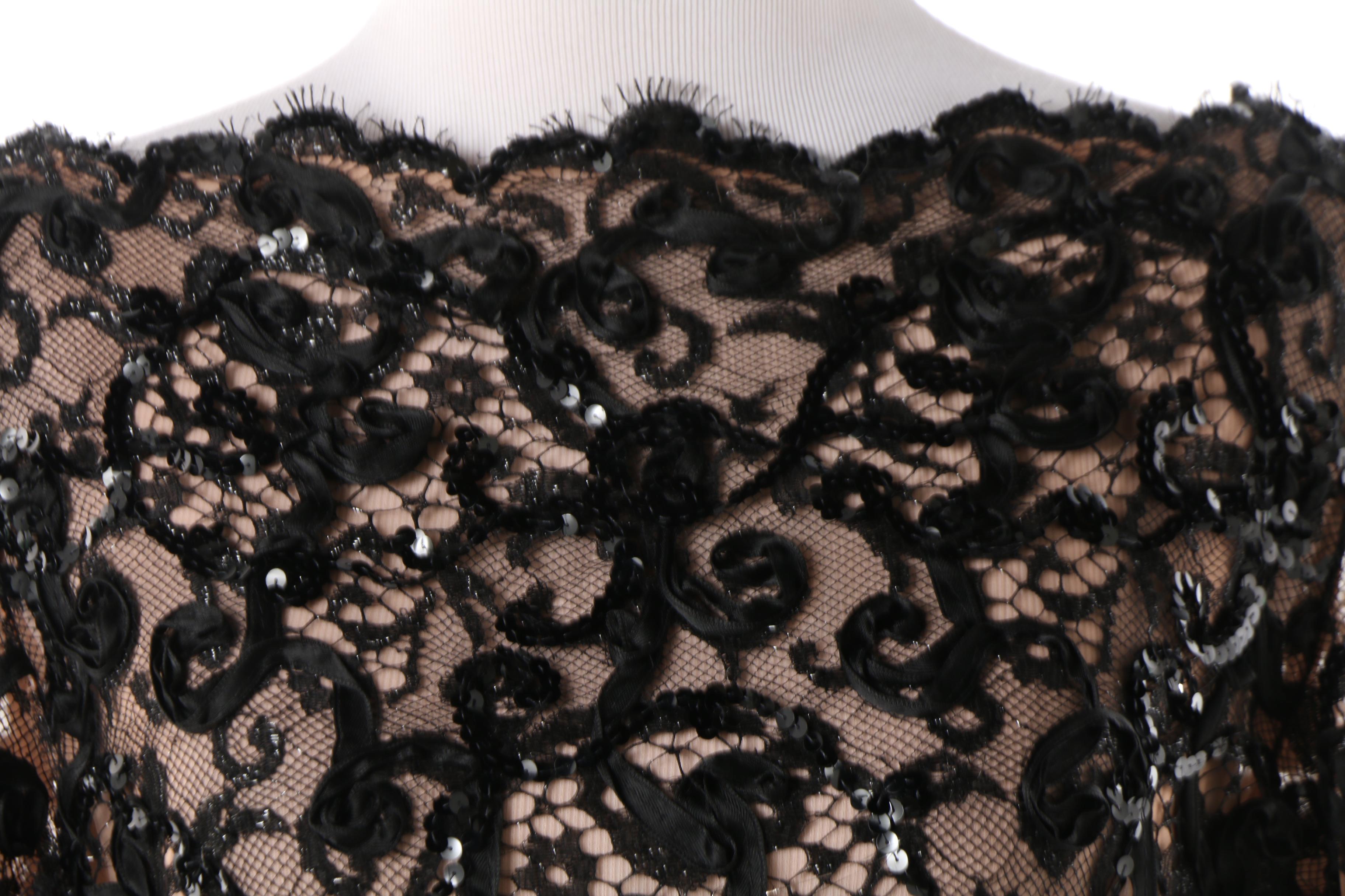 1980s Bob Mackie Black Lace and Sequin Cocktail Dress with Velvet Bow Detail