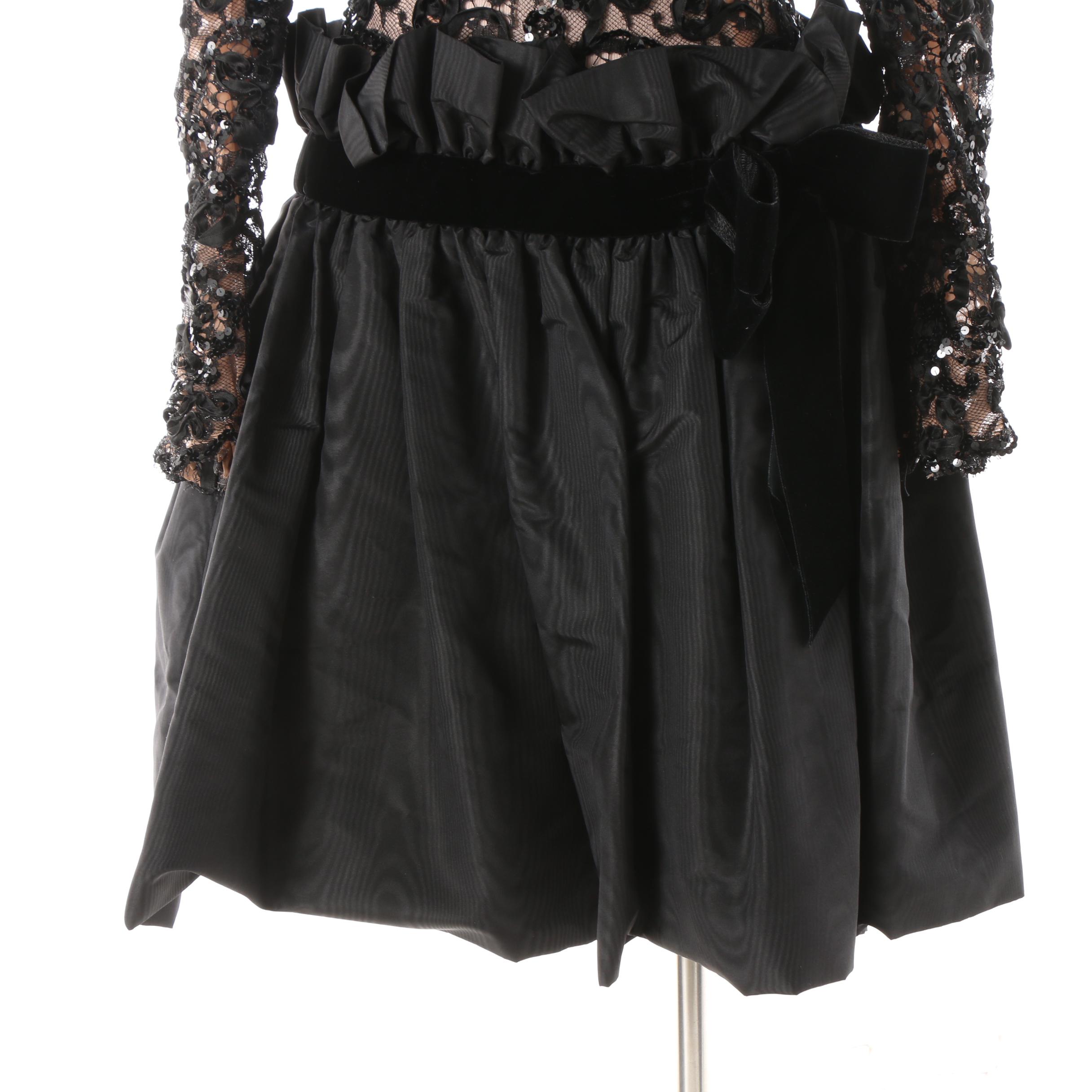 1980s Bob Mackie Black Lace and Sequin Cocktail Dress with Velvet Bow Detail