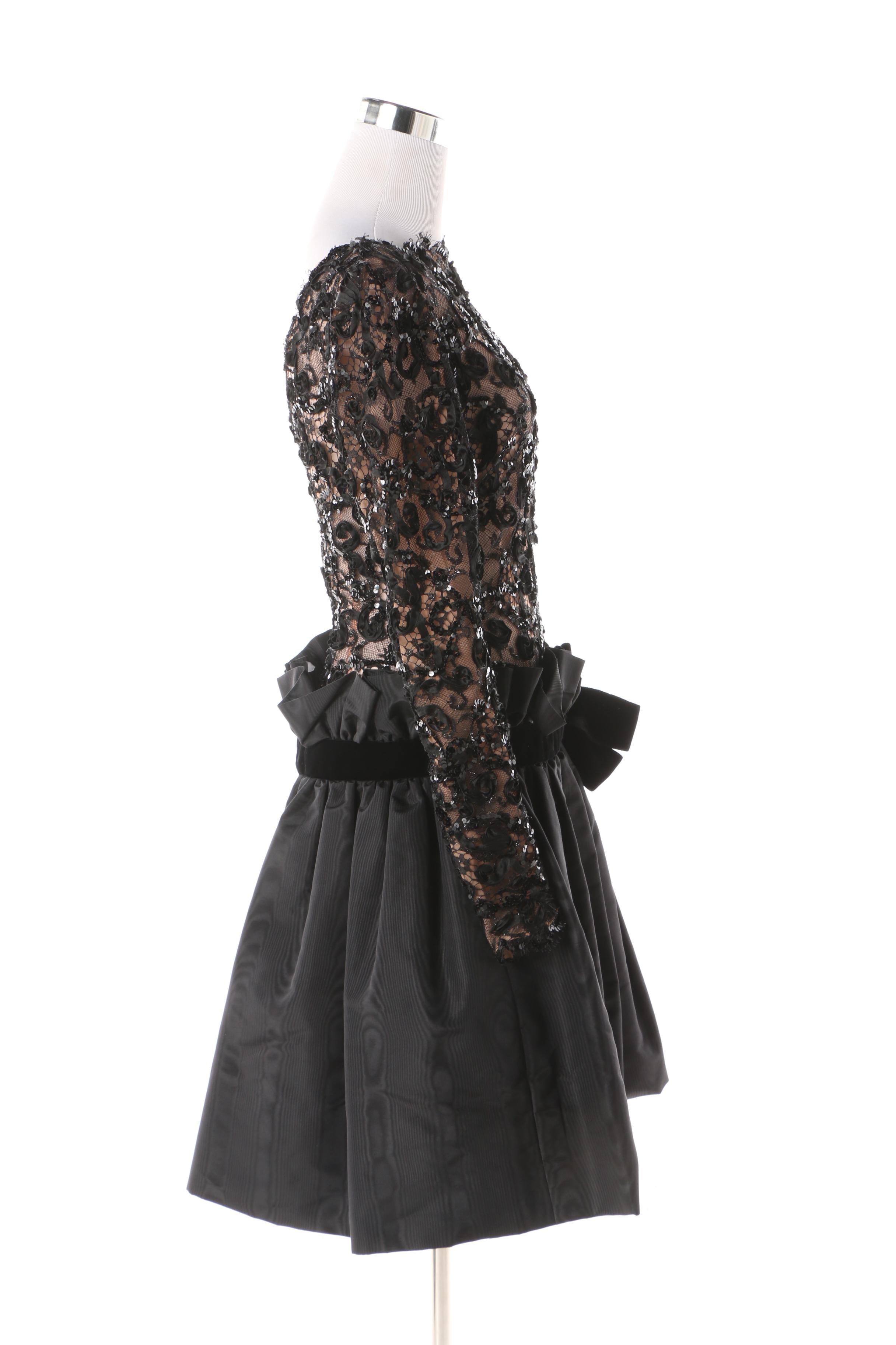 1980s Bob Mackie Black Lace and Sequin Cocktail Dress with Velvet Bow Detail
