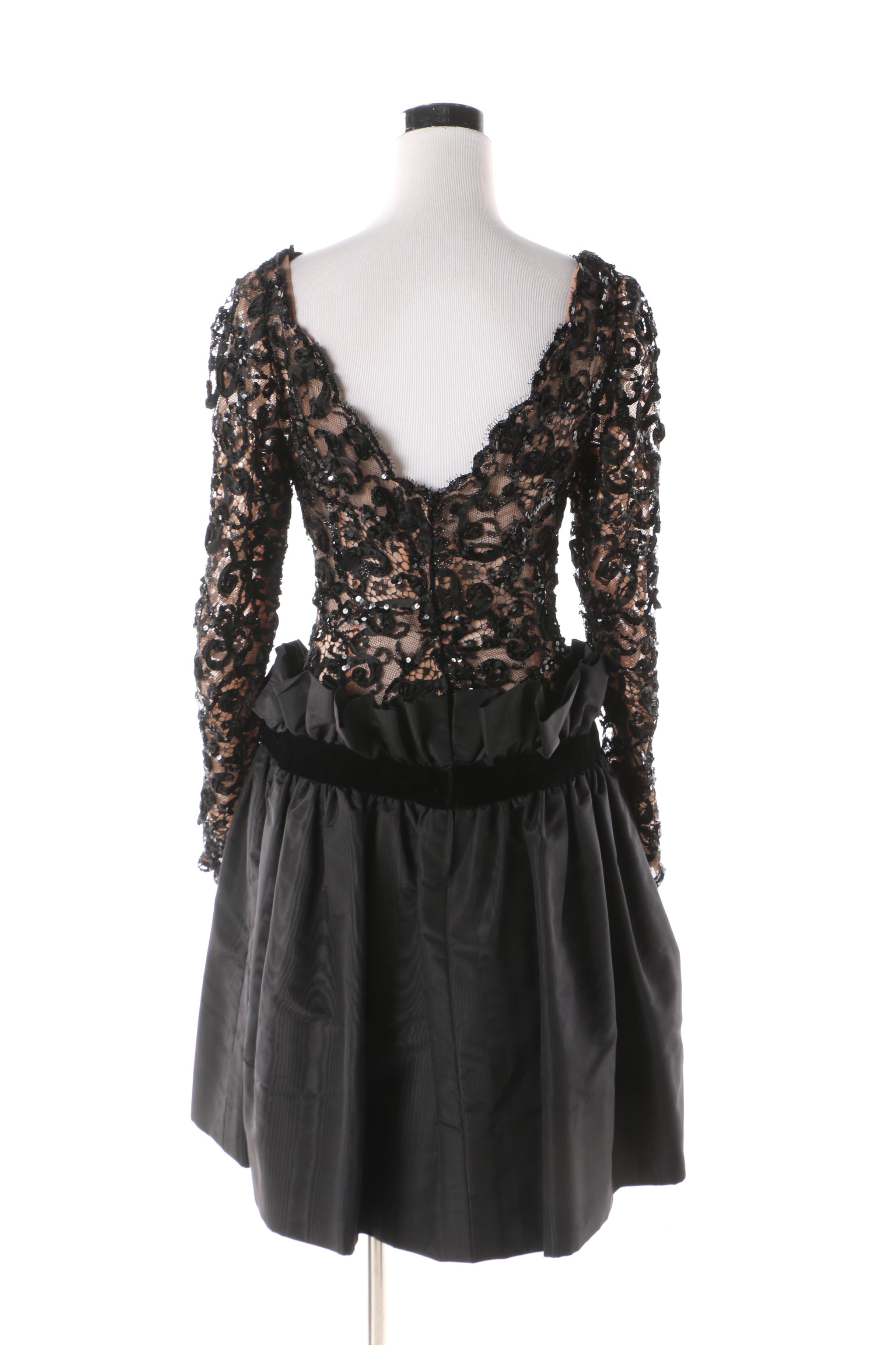 1980s Bob Mackie Black Lace and Sequin Cocktail Dress with Velvet Bow Detail