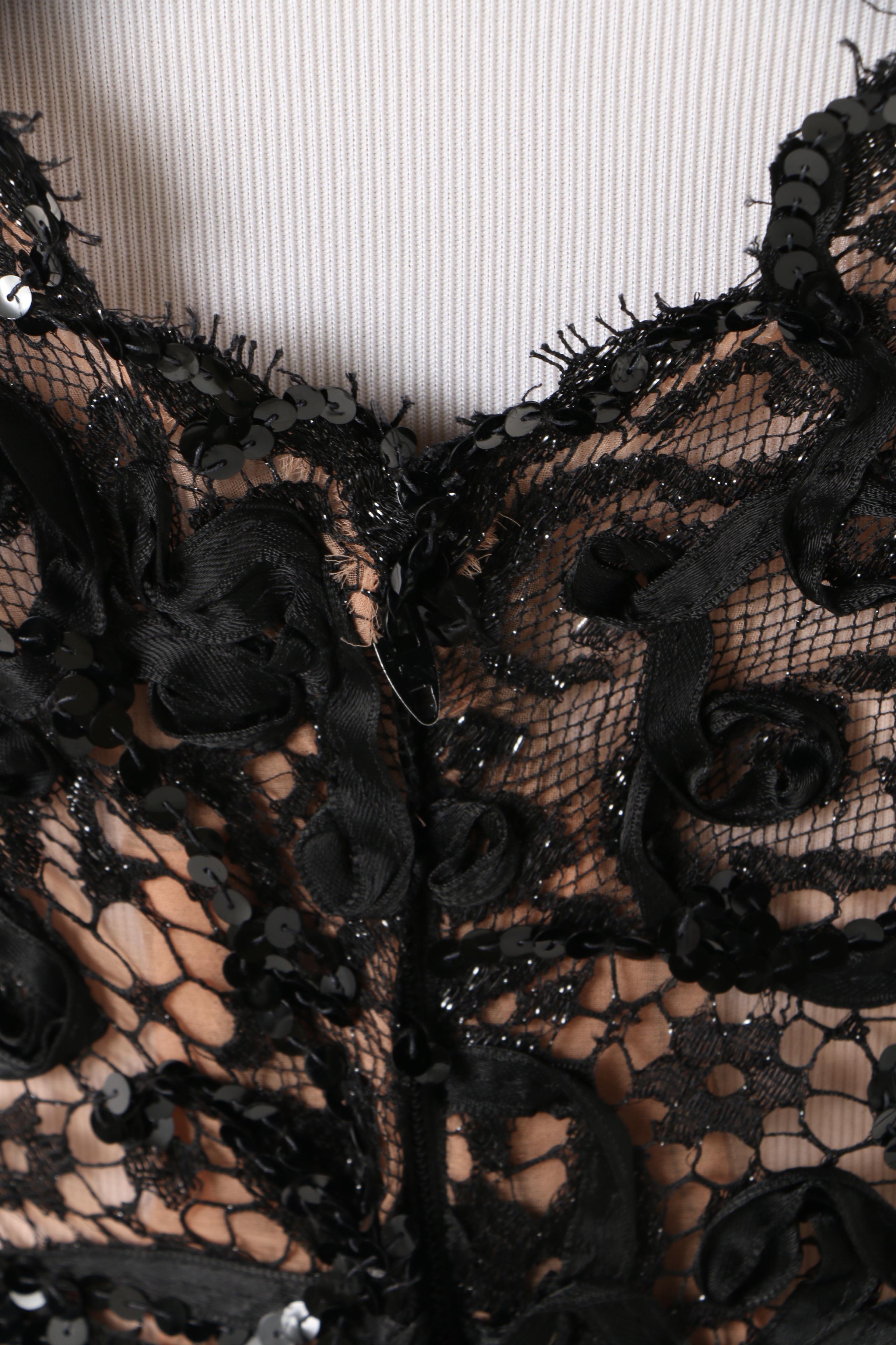 1980s Bob Mackie Black Lace and Sequin Cocktail Dress with Velvet Bow Detail