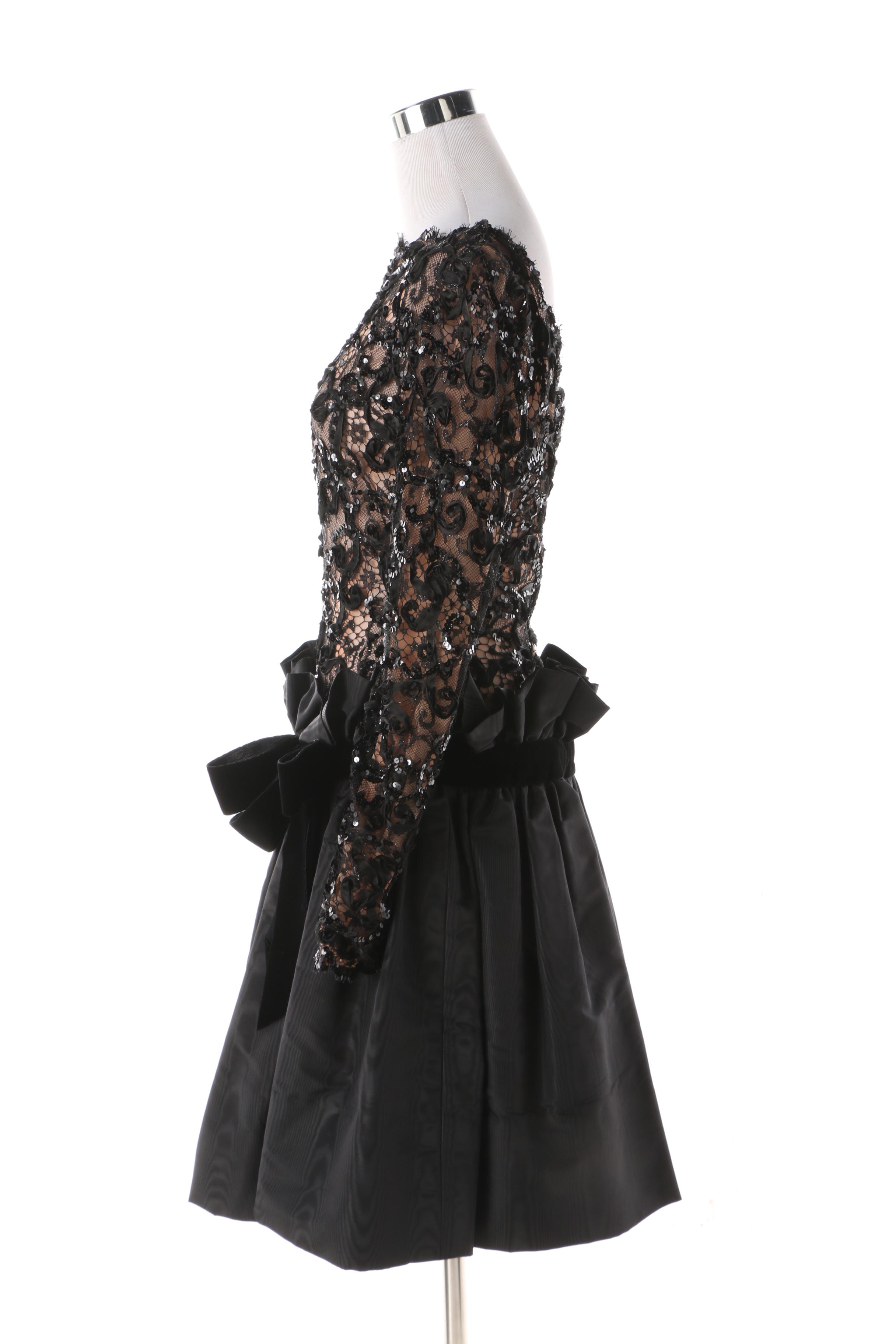 1980s Bob Mackie Black Lace and Sequin Cocktail Dress with Velvet Bow Detail