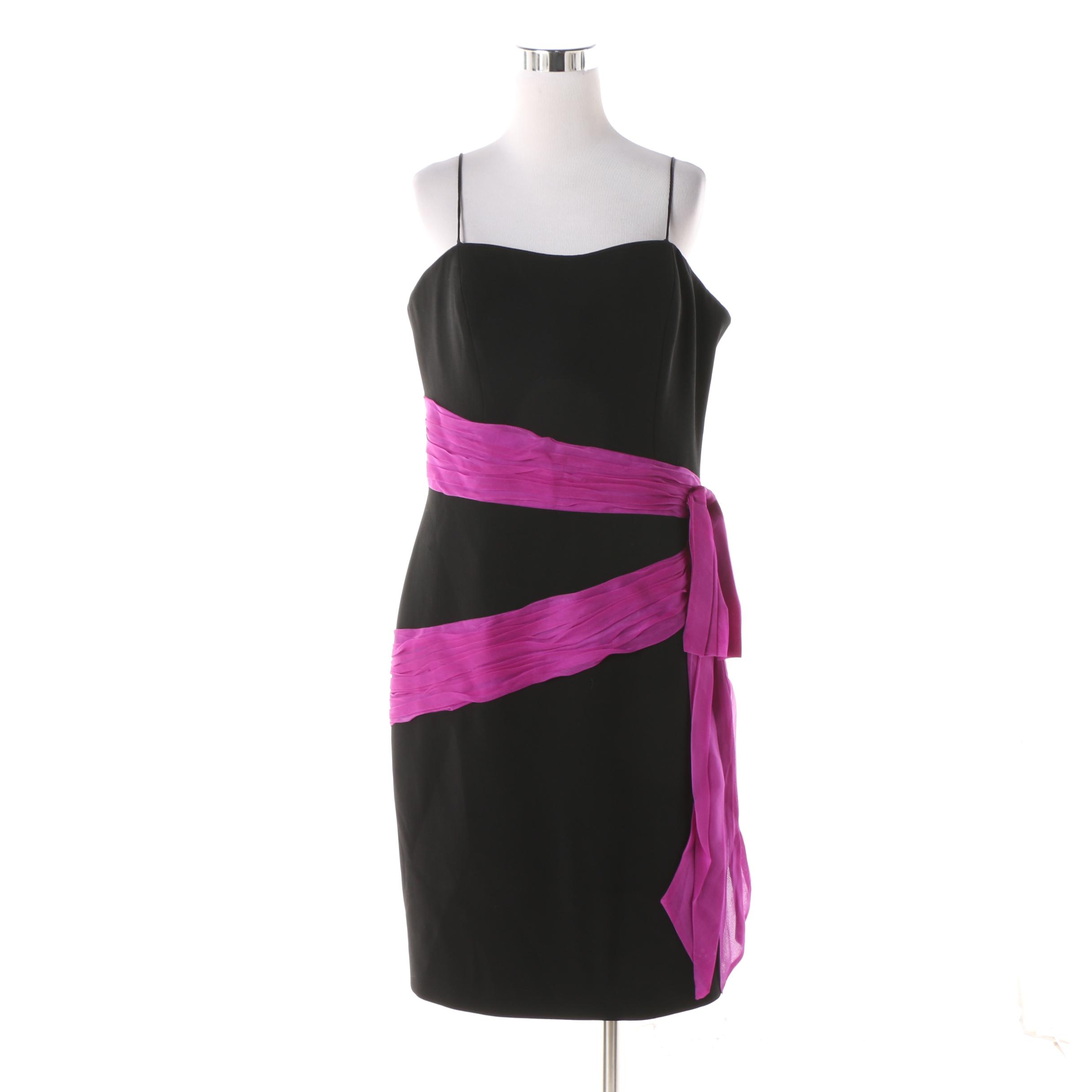 Theia Black and Magenta Sash Silk Sleeveless Cocktail Dress