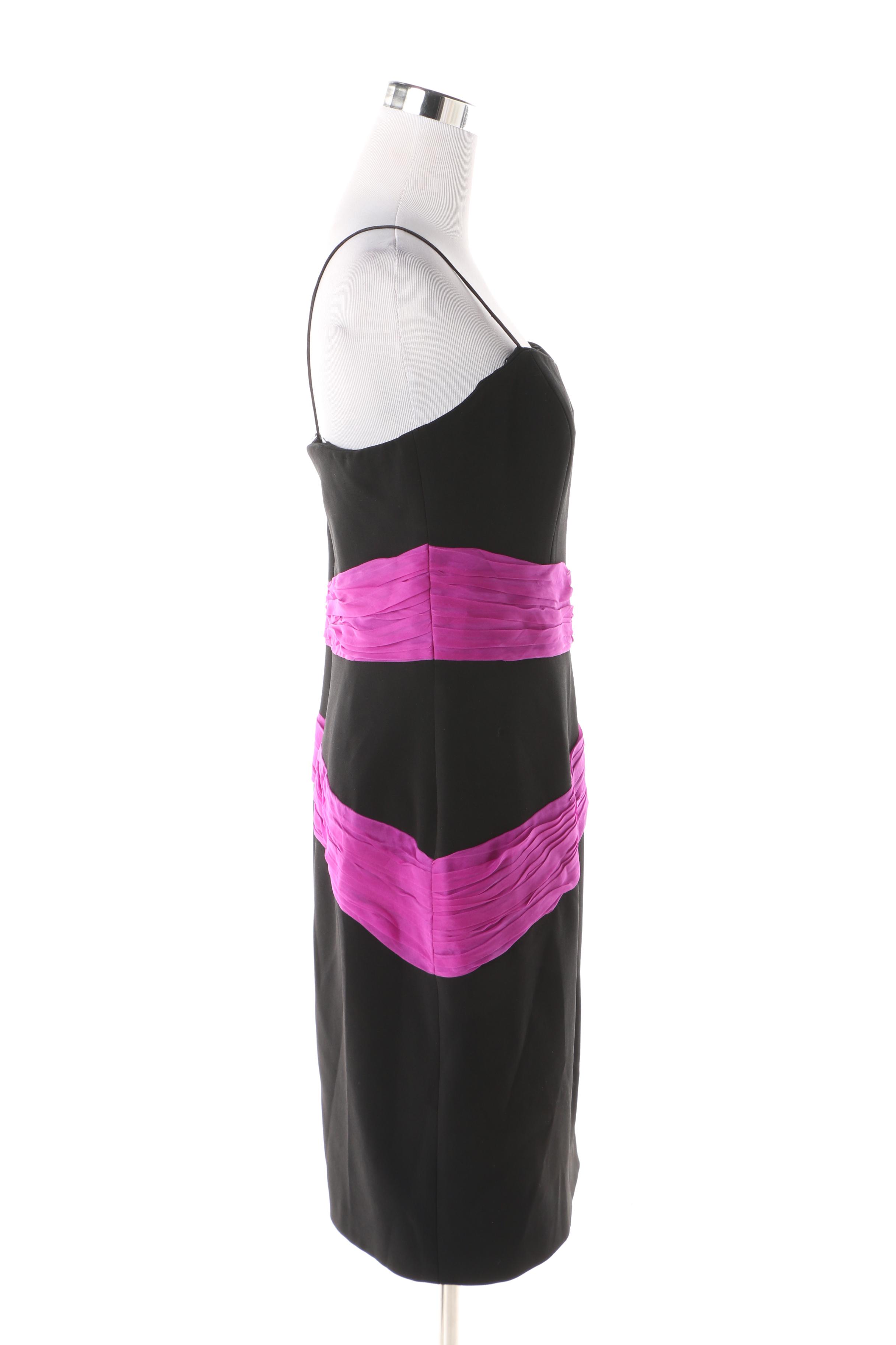 Theia Black and Magenta Sash Silk Sleeveless Cocktail Dress