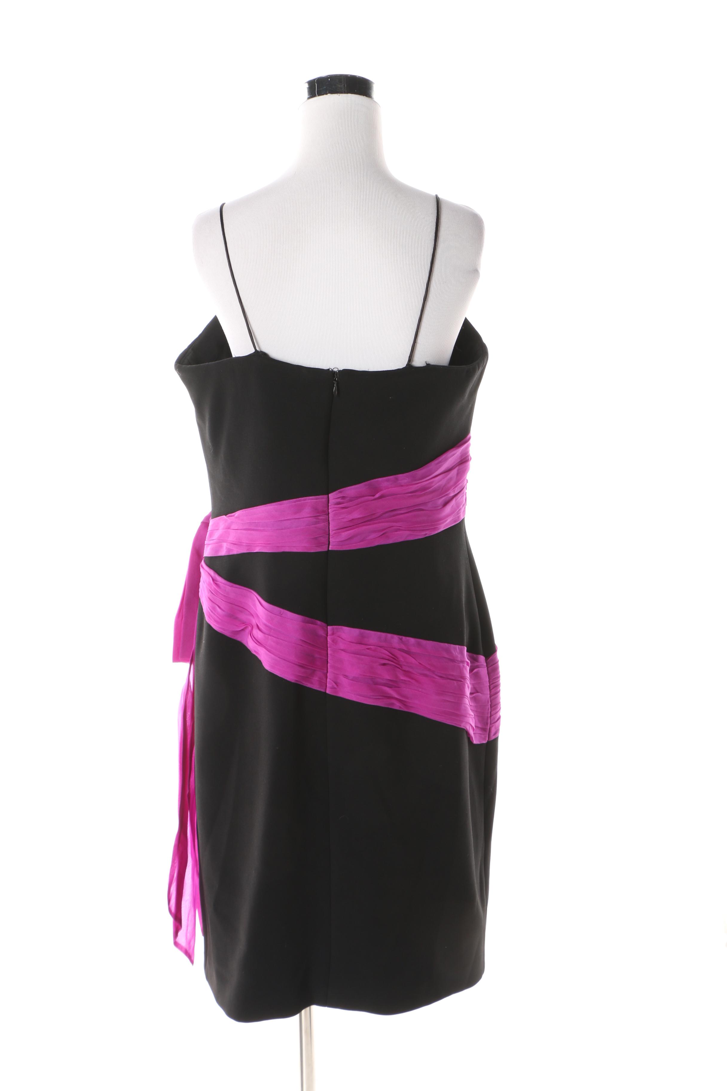 Theia Black and Magenta Sash Silk Sleeveless Cocktail Dress