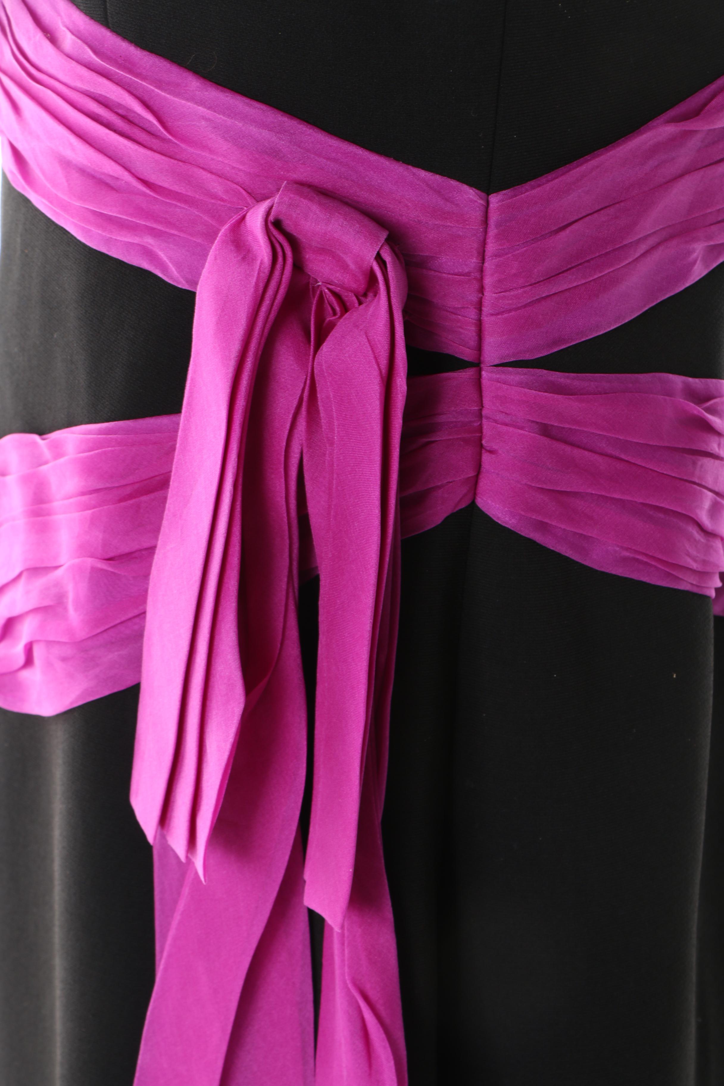 Theia Black and Magenta Sash Silk Sleeveless Cocktail Dress