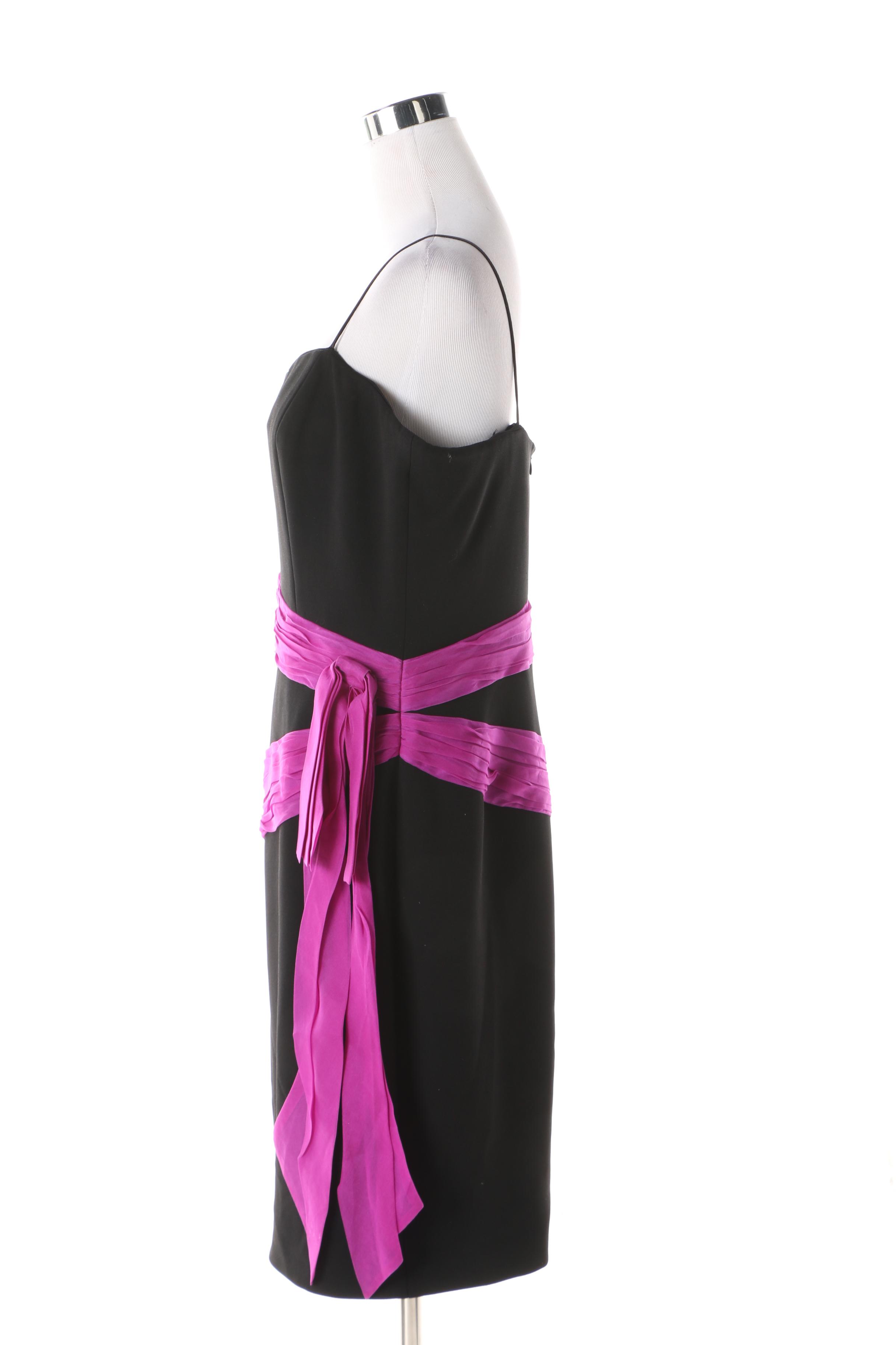 Theia Black and Magenta Sash Silk Sleeveless Cocktail Dress