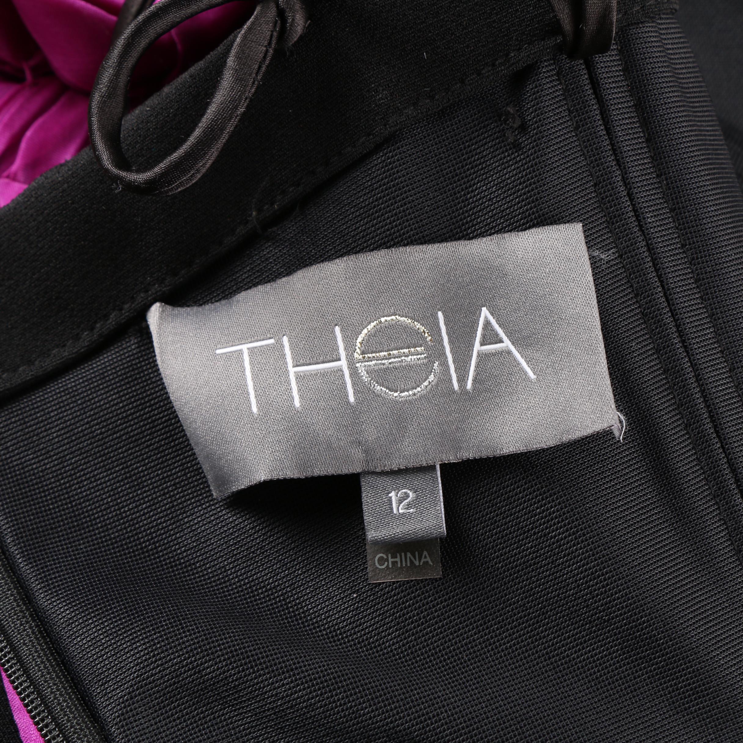 Theia Black and Magenta Sash Silk Sleeveless Cocktail Dress