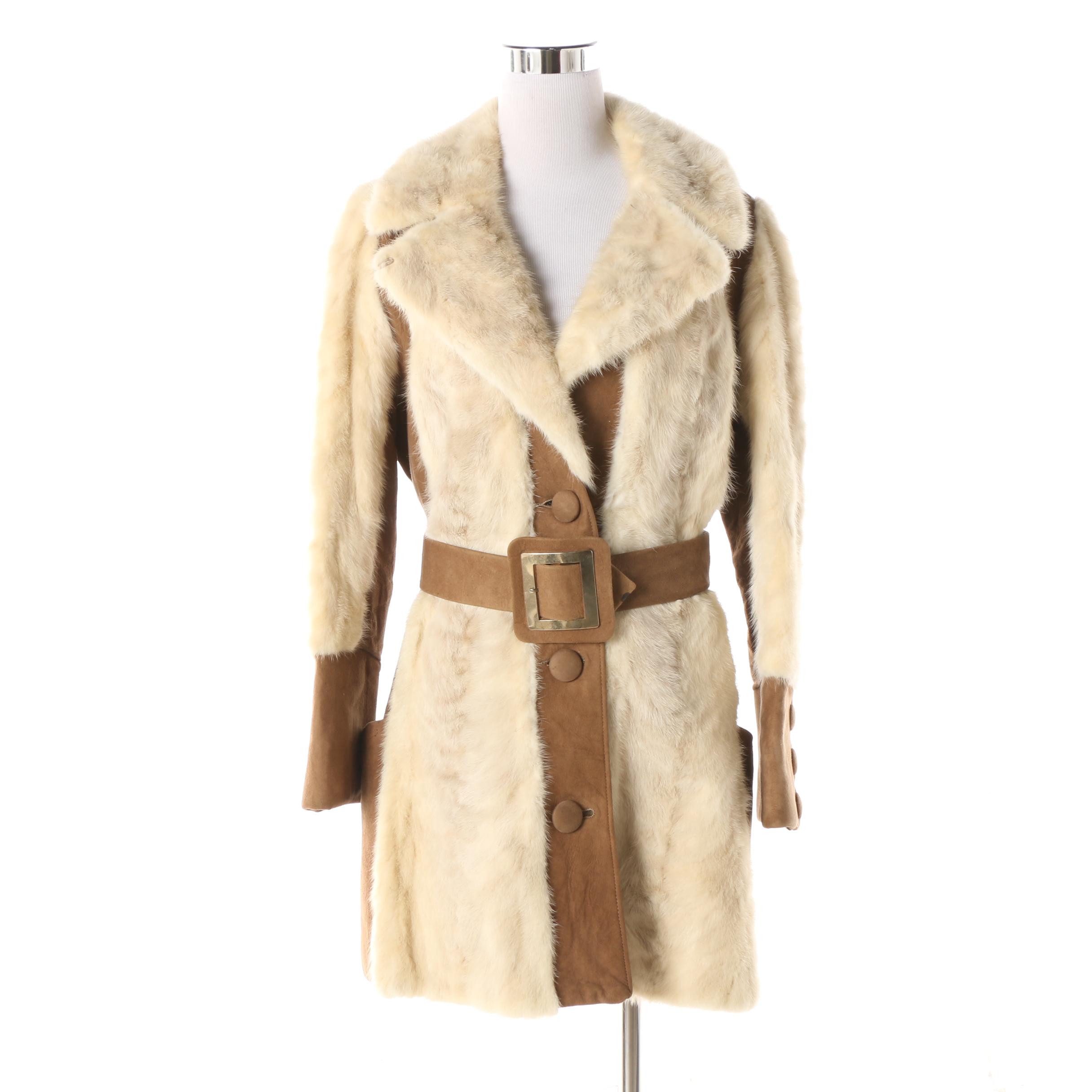 1970s Ermine Fur and Suede Leather Coat with Scallop Cuff and Pocket Detail