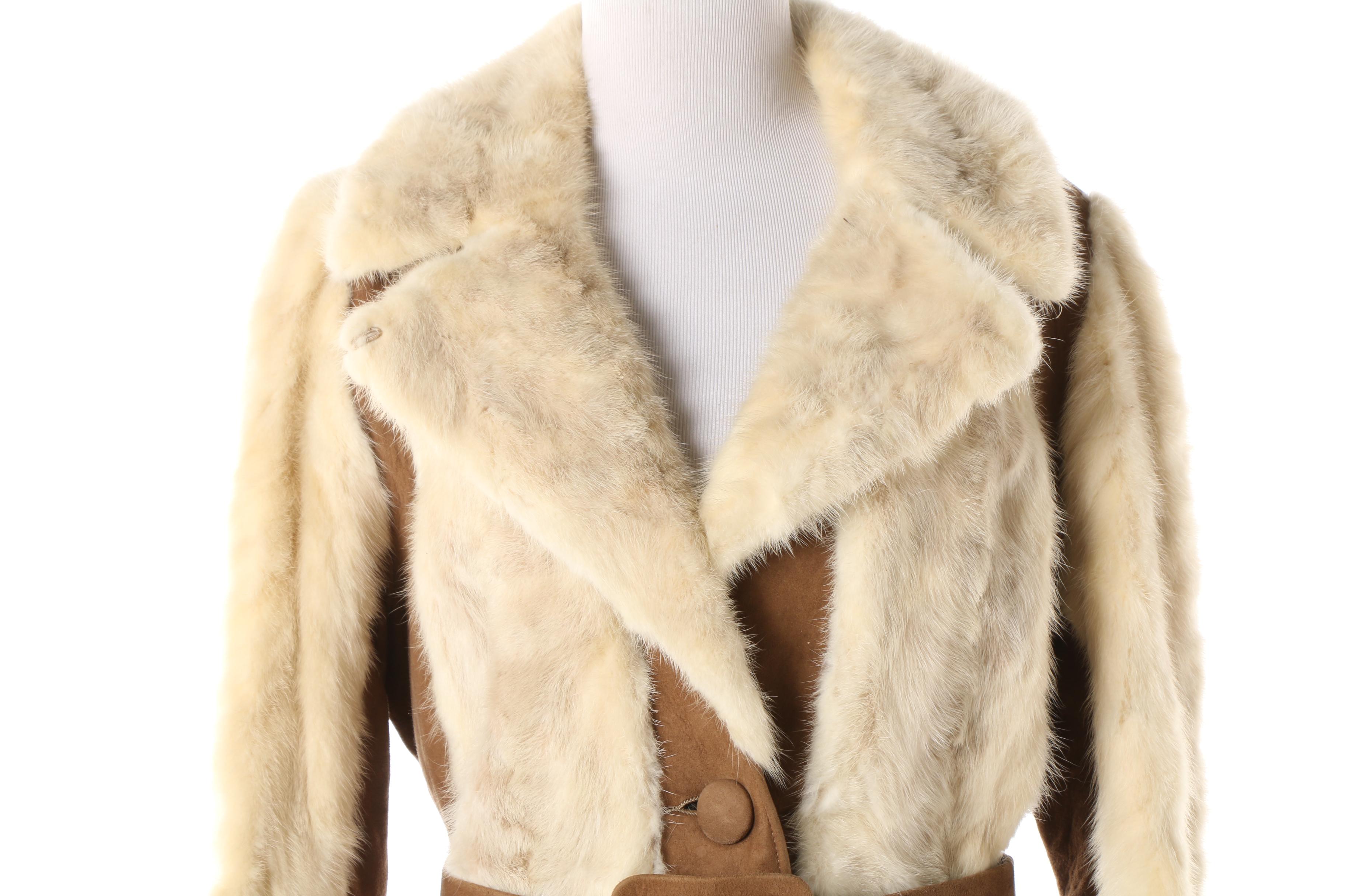 1970s Ermine Fur and Suede Leather Coat with Scallop Cuff and Pocket Detail