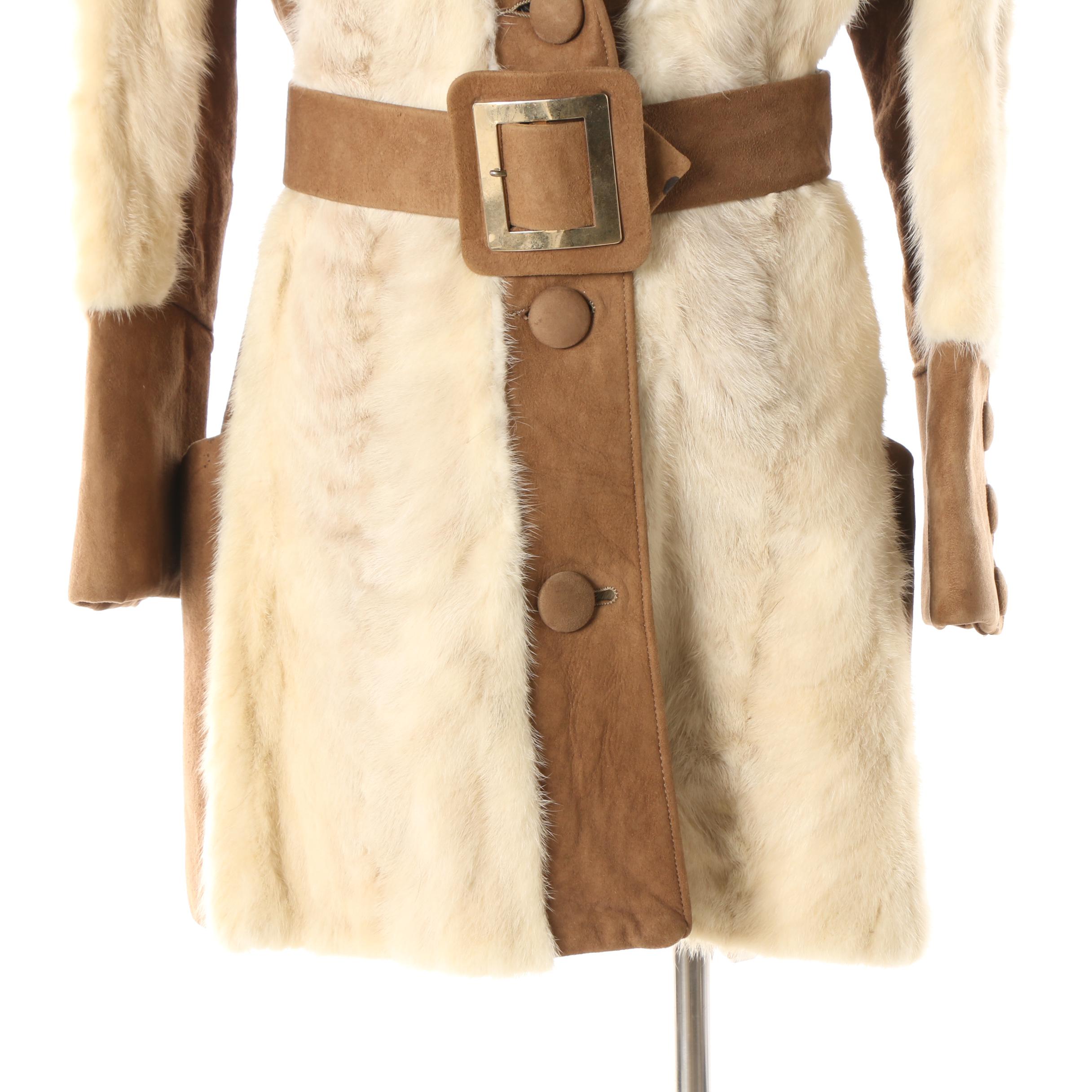 1970s Ermine Fur and Suede Leather Coat with Scallop Cuff and Pocket Detail