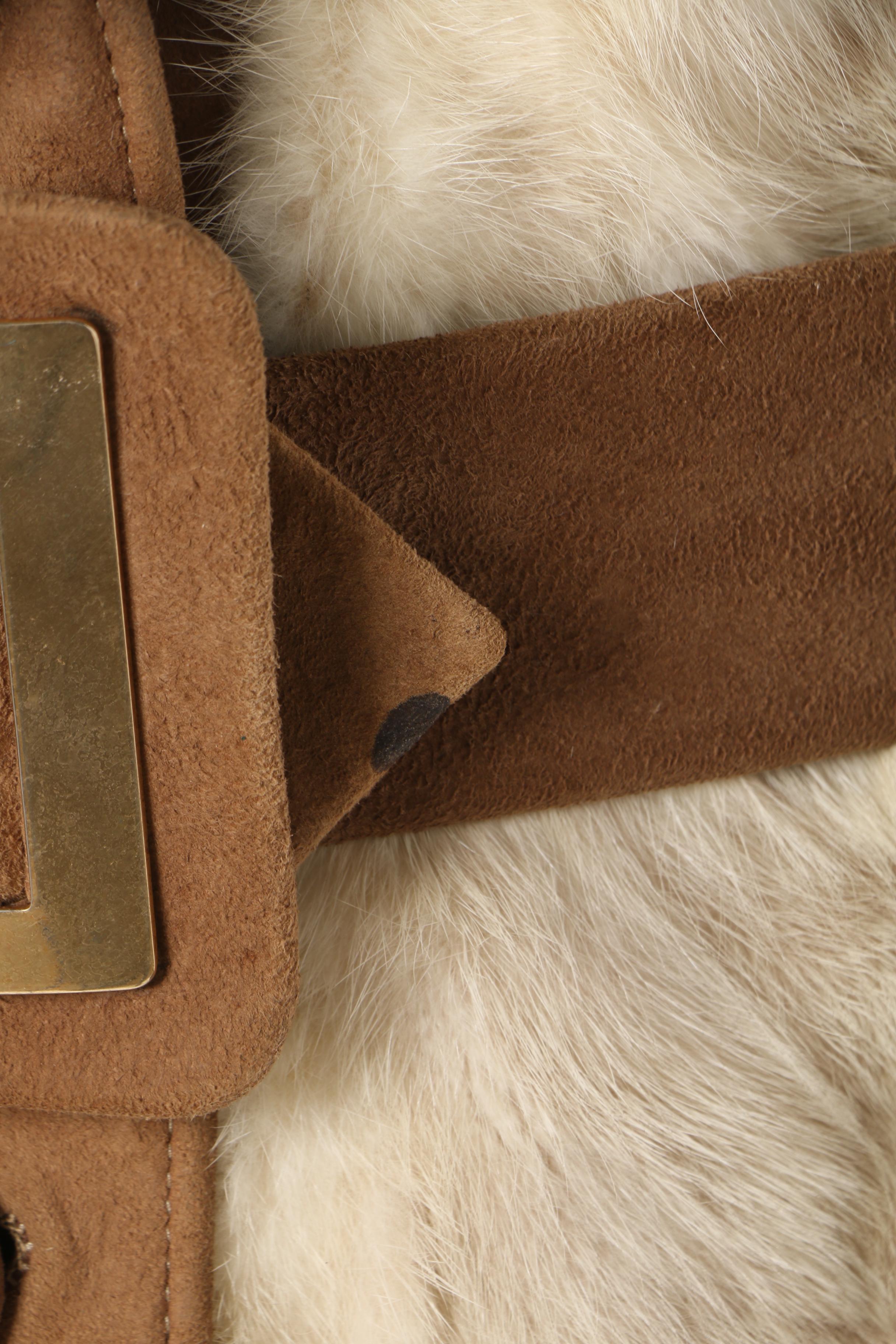 1970s Ermine Fur and Suede Leather Coat with Scallop Cuff and Pocket Detail