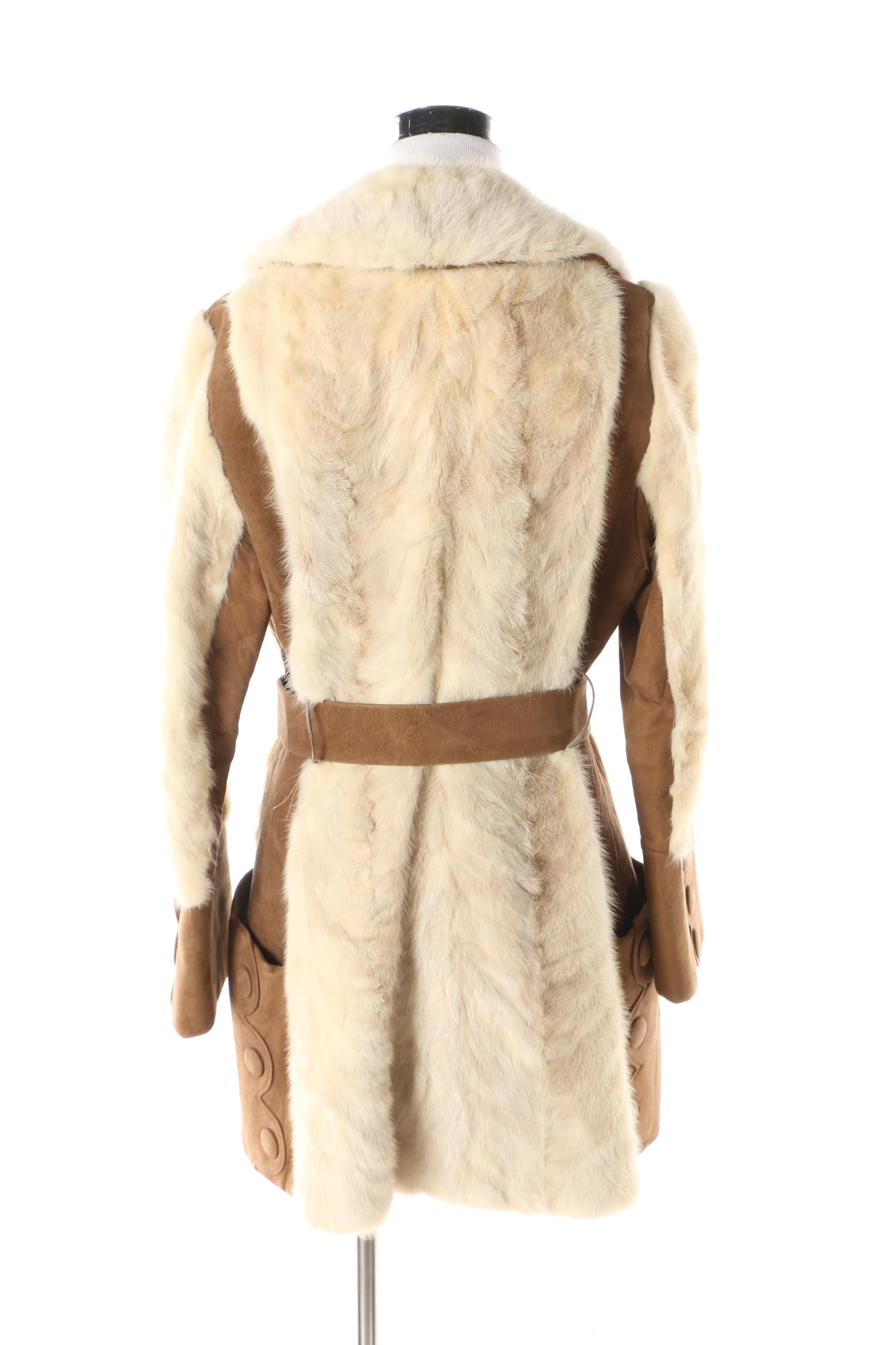 1970s Ermine Fur and Suede Leather Coat with Scallop Cuff and Pocket Detail