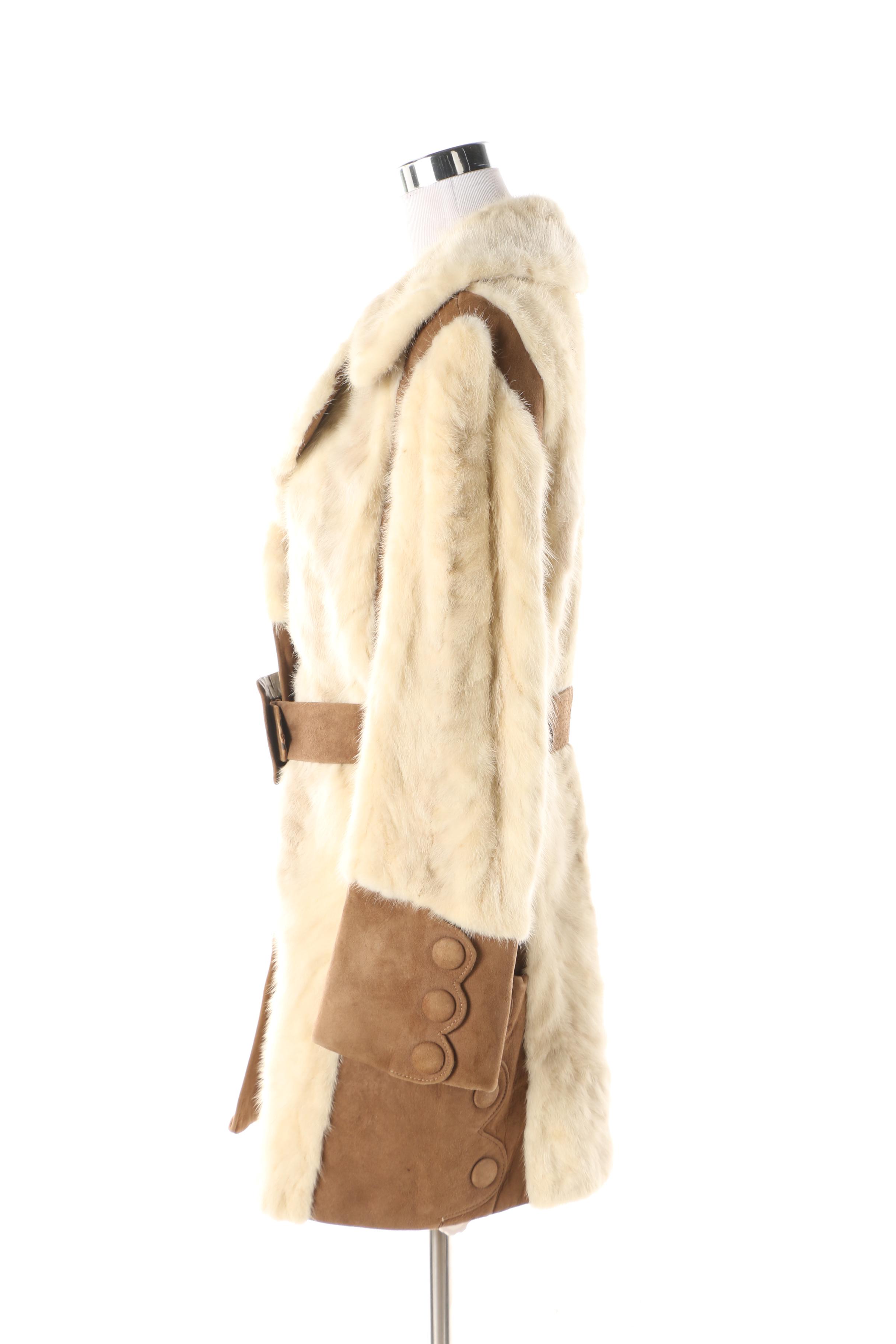 1970s Ermine Fur and Suede Leather Coat with Scallop Cuff and Pocket Detail