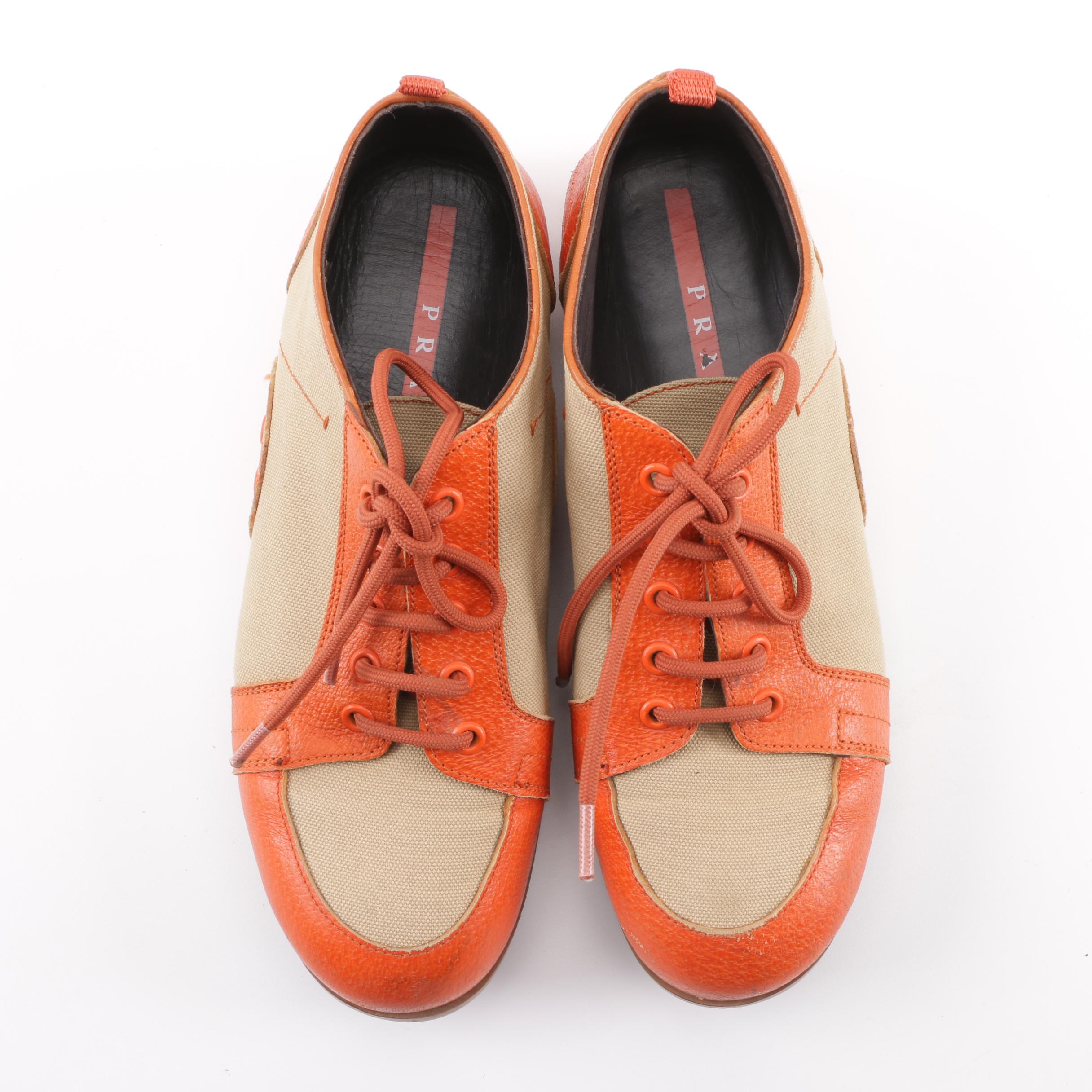 Men's Prada Tan Canvas and Orange Leather Casual Shoes
