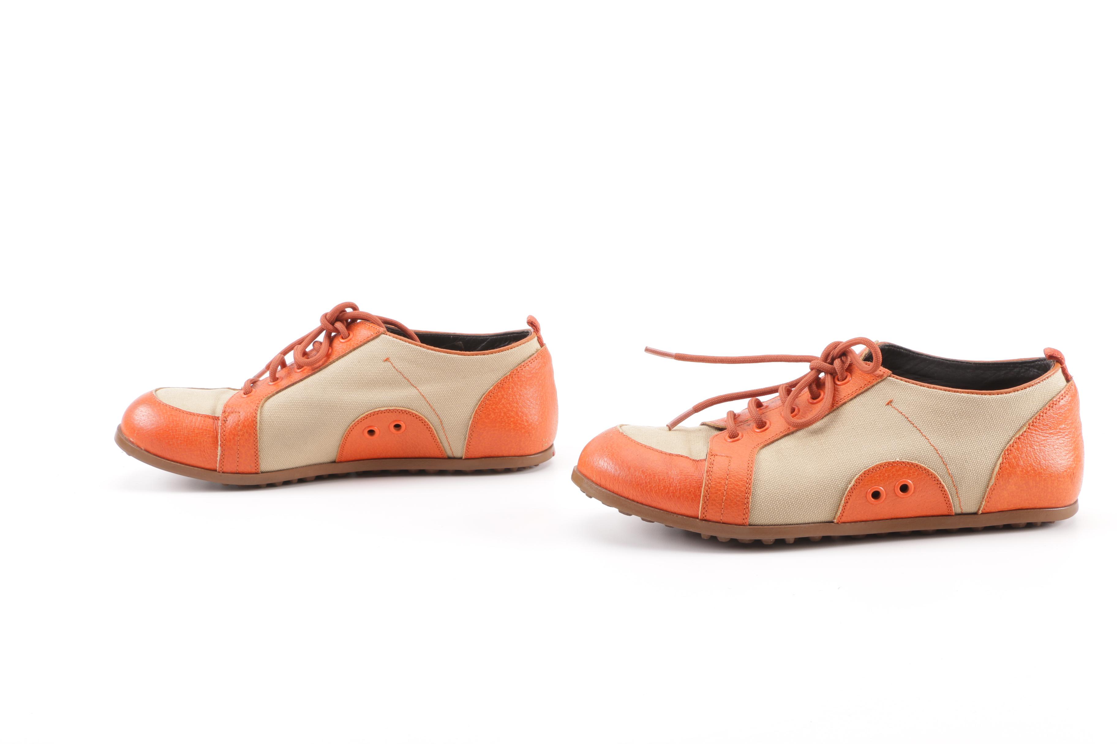 Men's Prada Tan Canvas and Orange Leather Casual Shoes