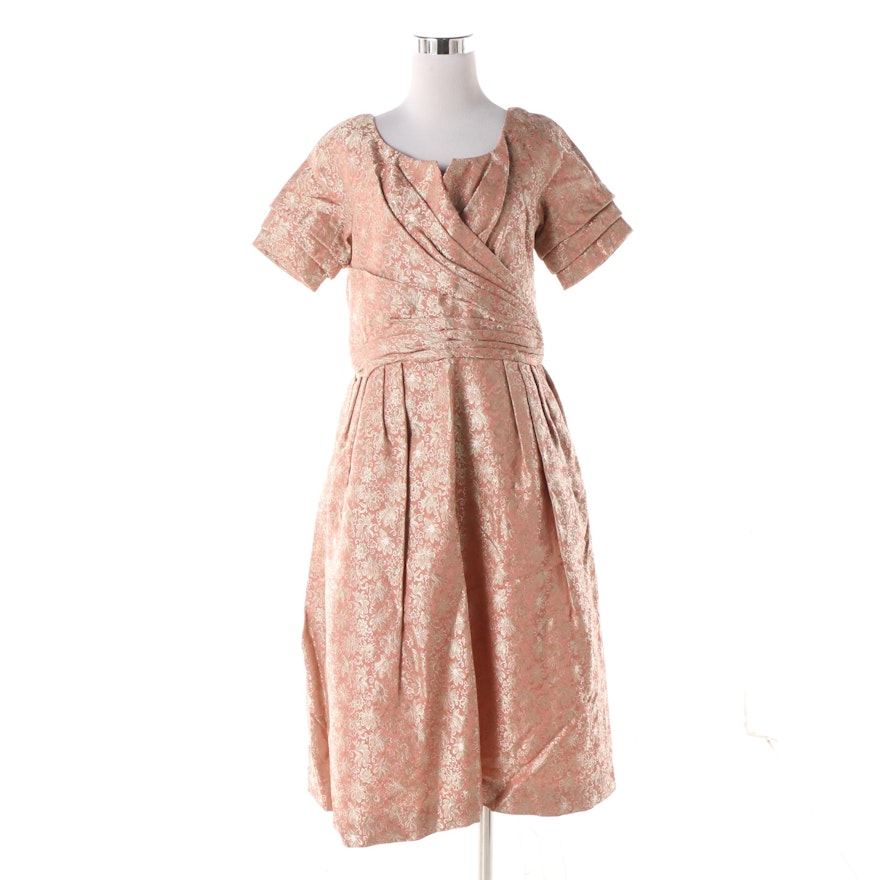 1950s Floral Satin Brocade Cocktail Dress in Pink with Gold