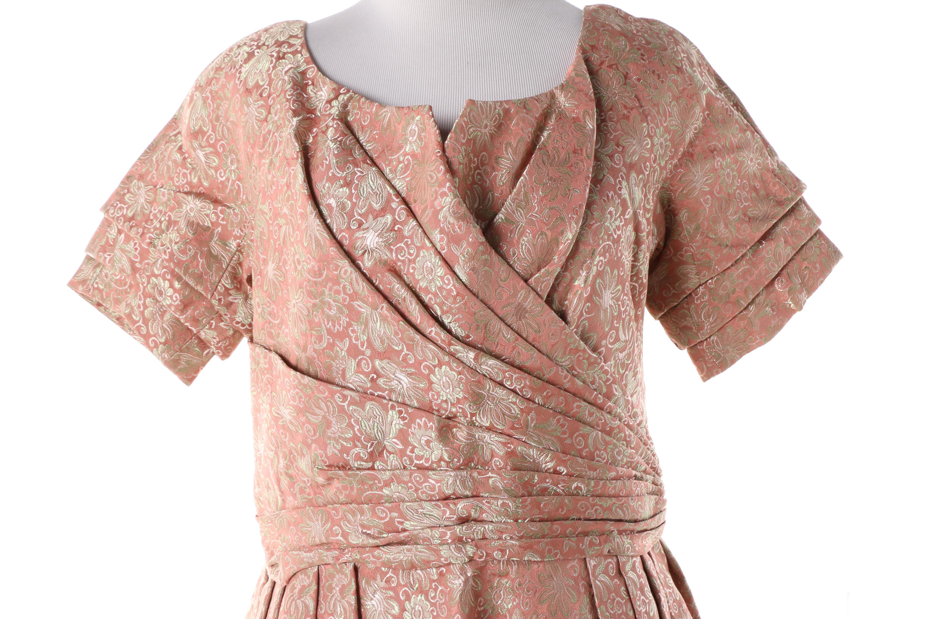 1950s Floral Satin Brocade Cocktail Dress in Pink with Gold