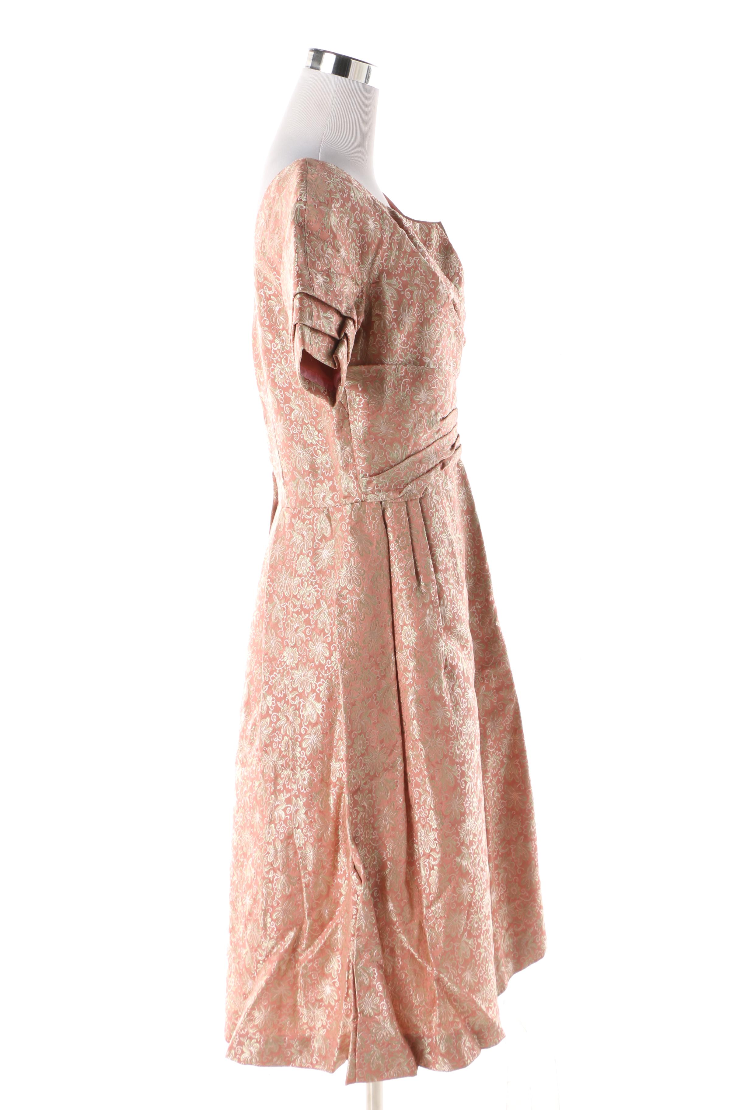 1950s Floral Satin Brocade Cocktail Dress in Pink with Gold