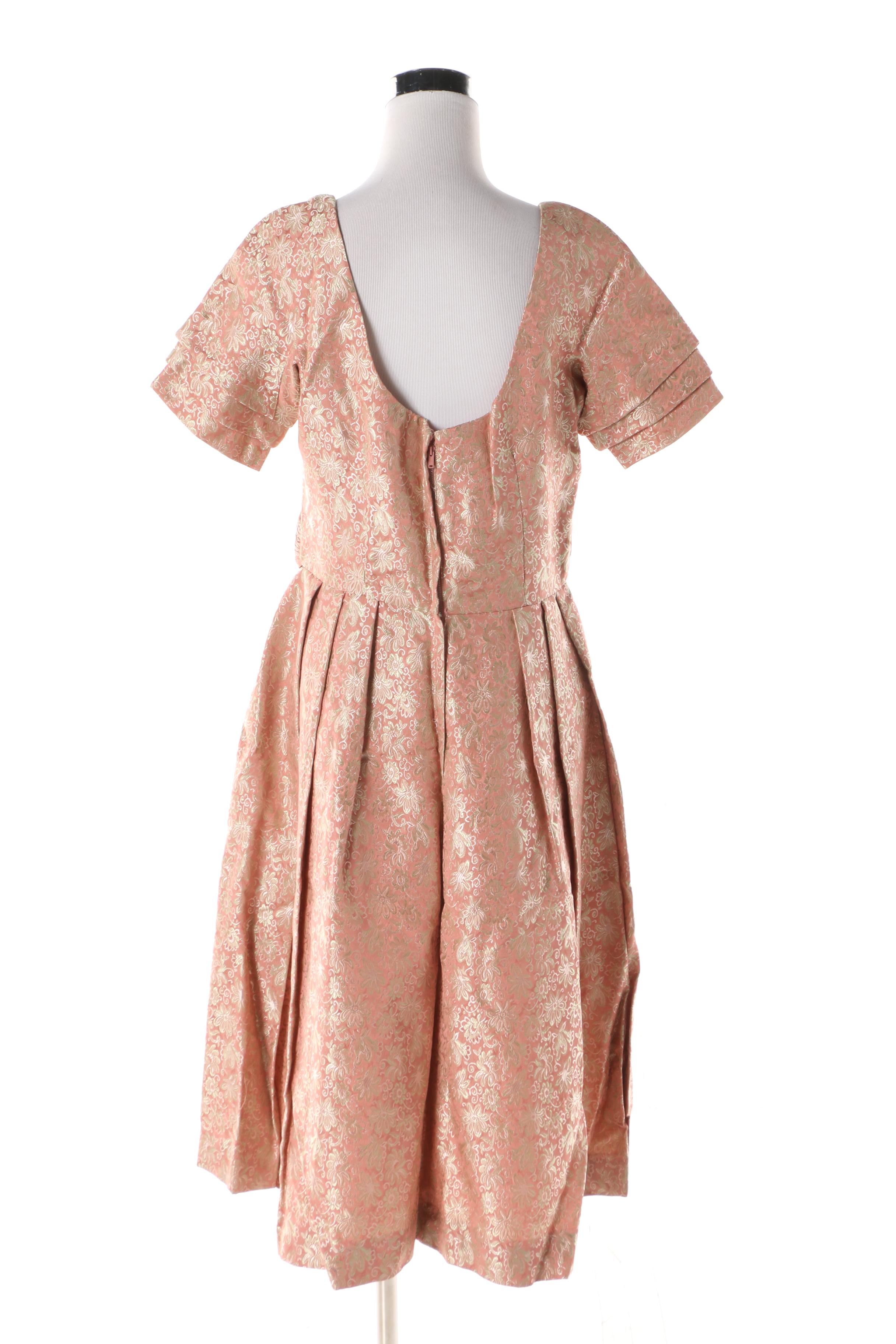 1950s Floral Satin Brocade Cocktail Dress in Pink with Gold