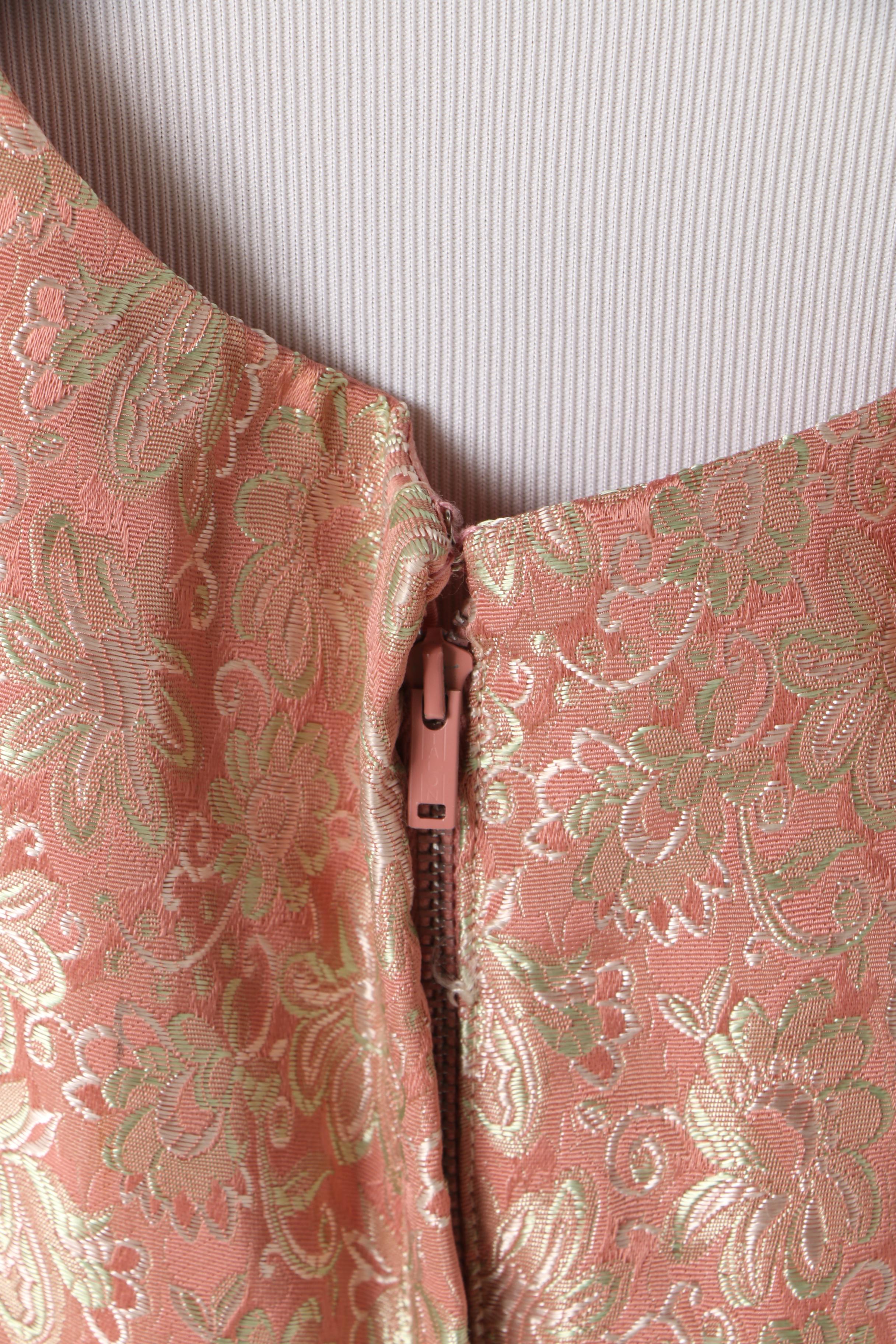 1950s Floral Satin Brocade Cocktail Dress in Pink with Gold