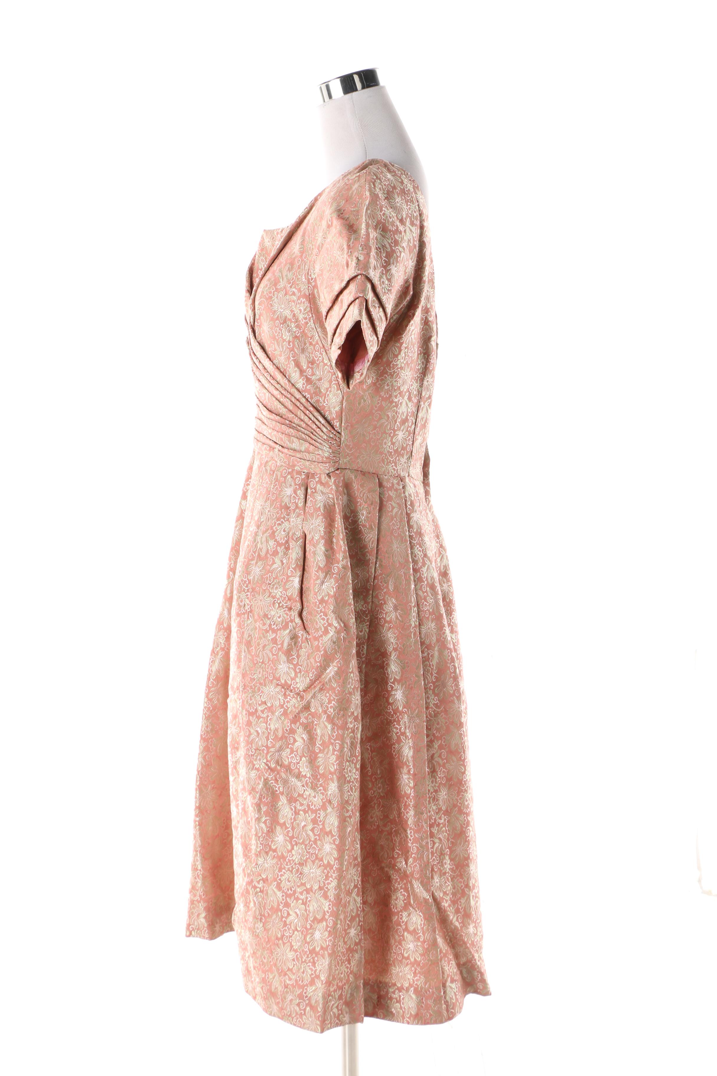 1950s Floral Satin Brocade Cocktail Dress in Pink with Gold