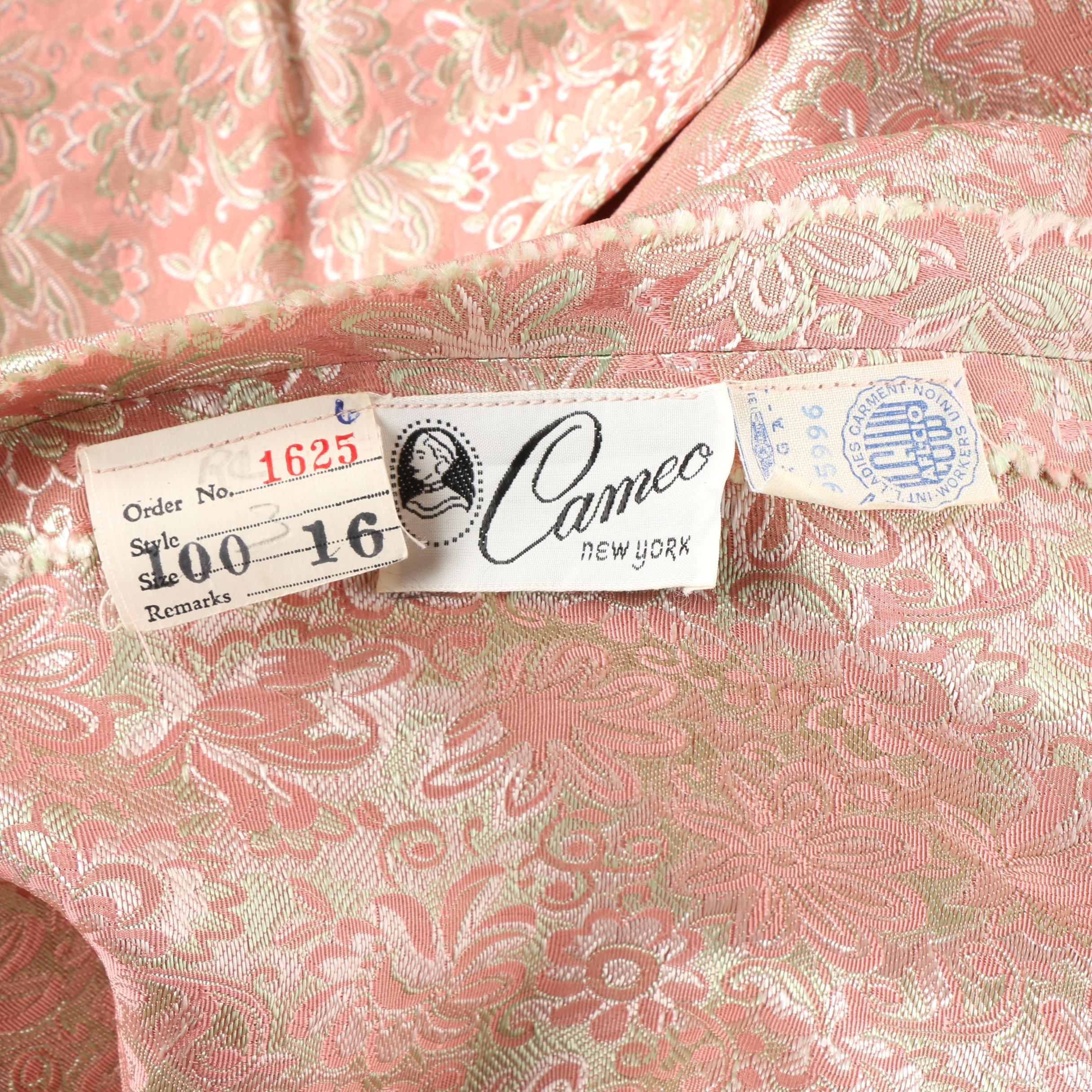 1950s Floral Satin Brocade Cocktail Dress in Pink with Gold