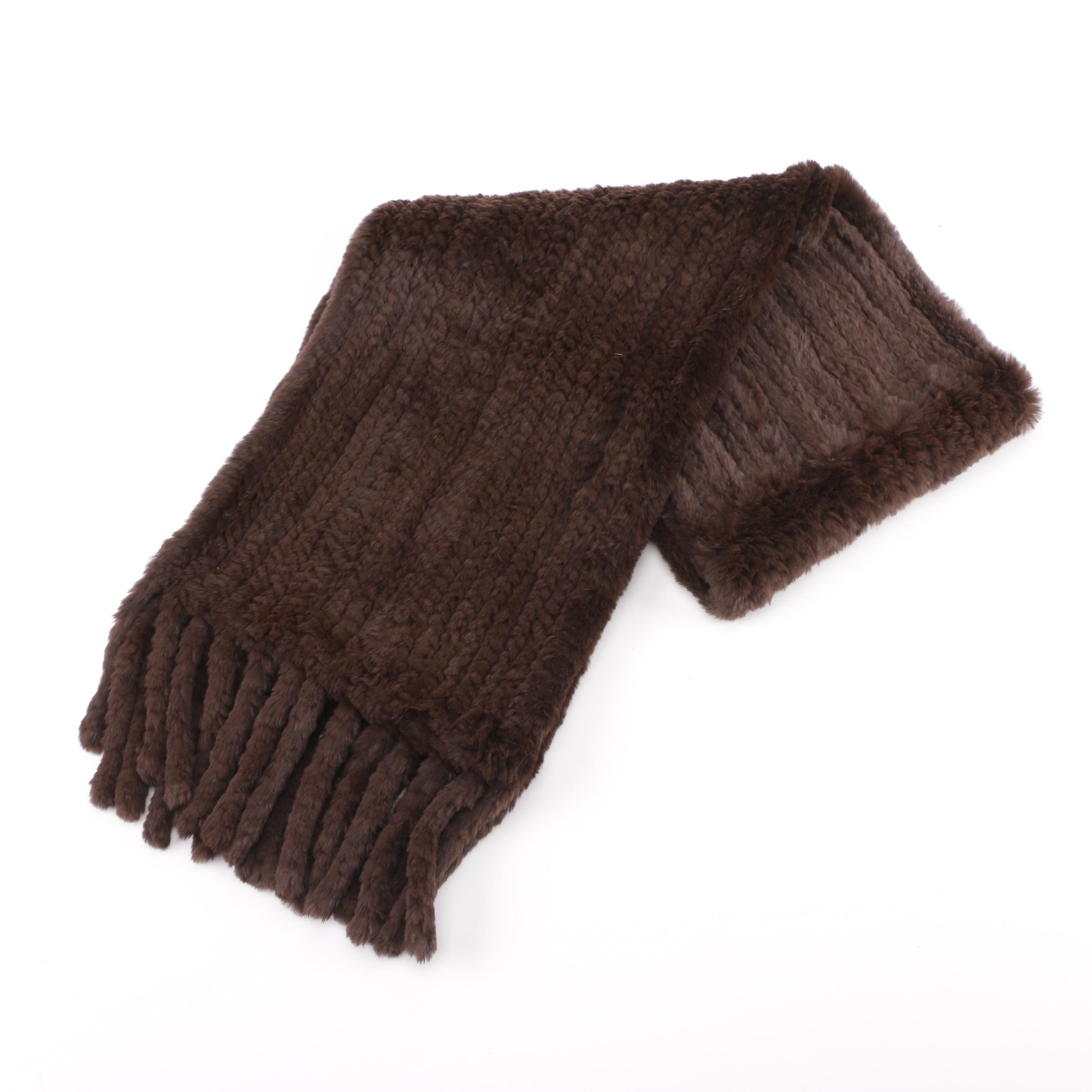 Georges Rech Brown Channel Stitched Rabbit Fur Scarf with Fringe