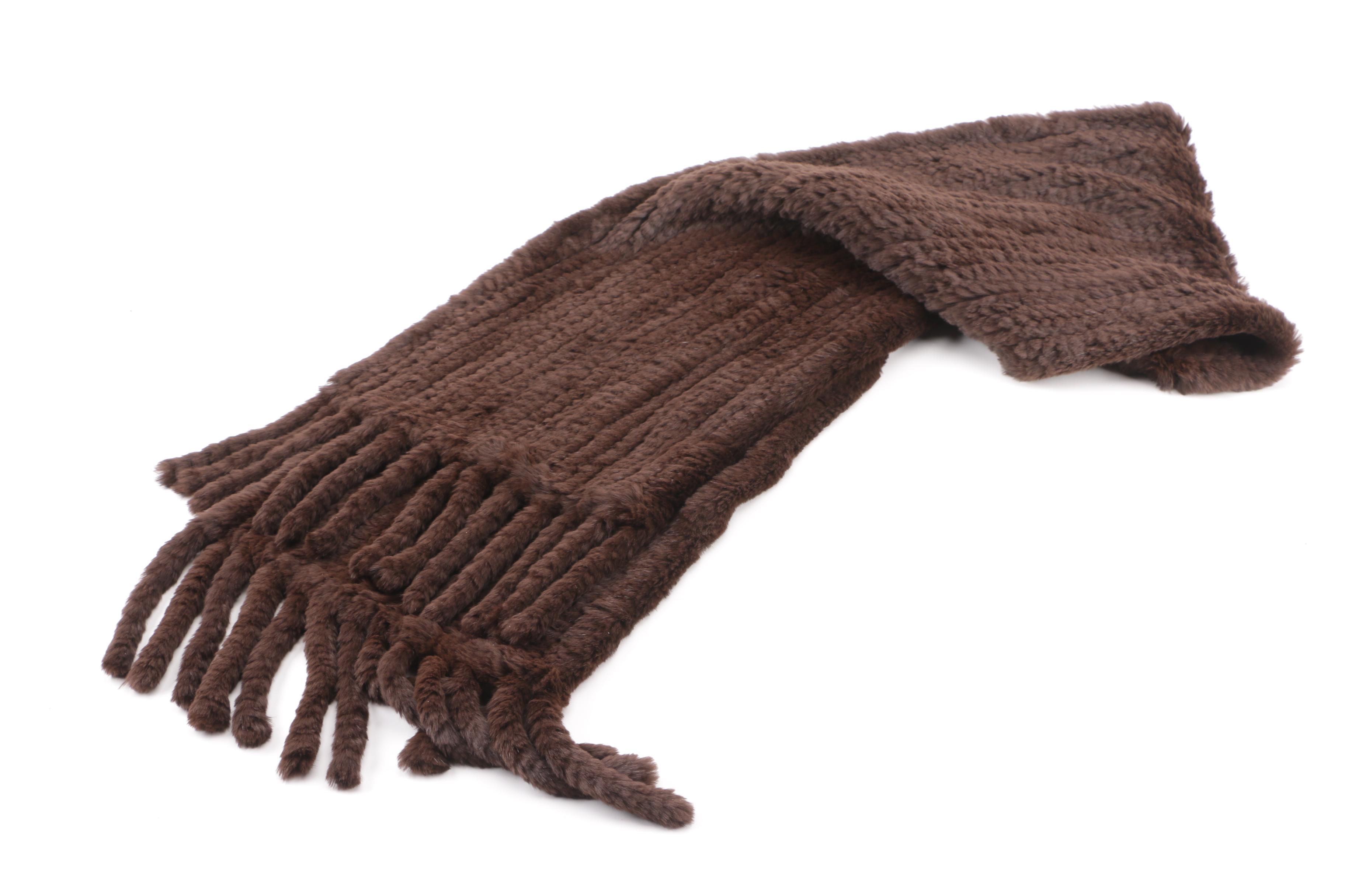 Georges Rech Brown Channel Stitched Rabbit Fur Scarf with Fringe