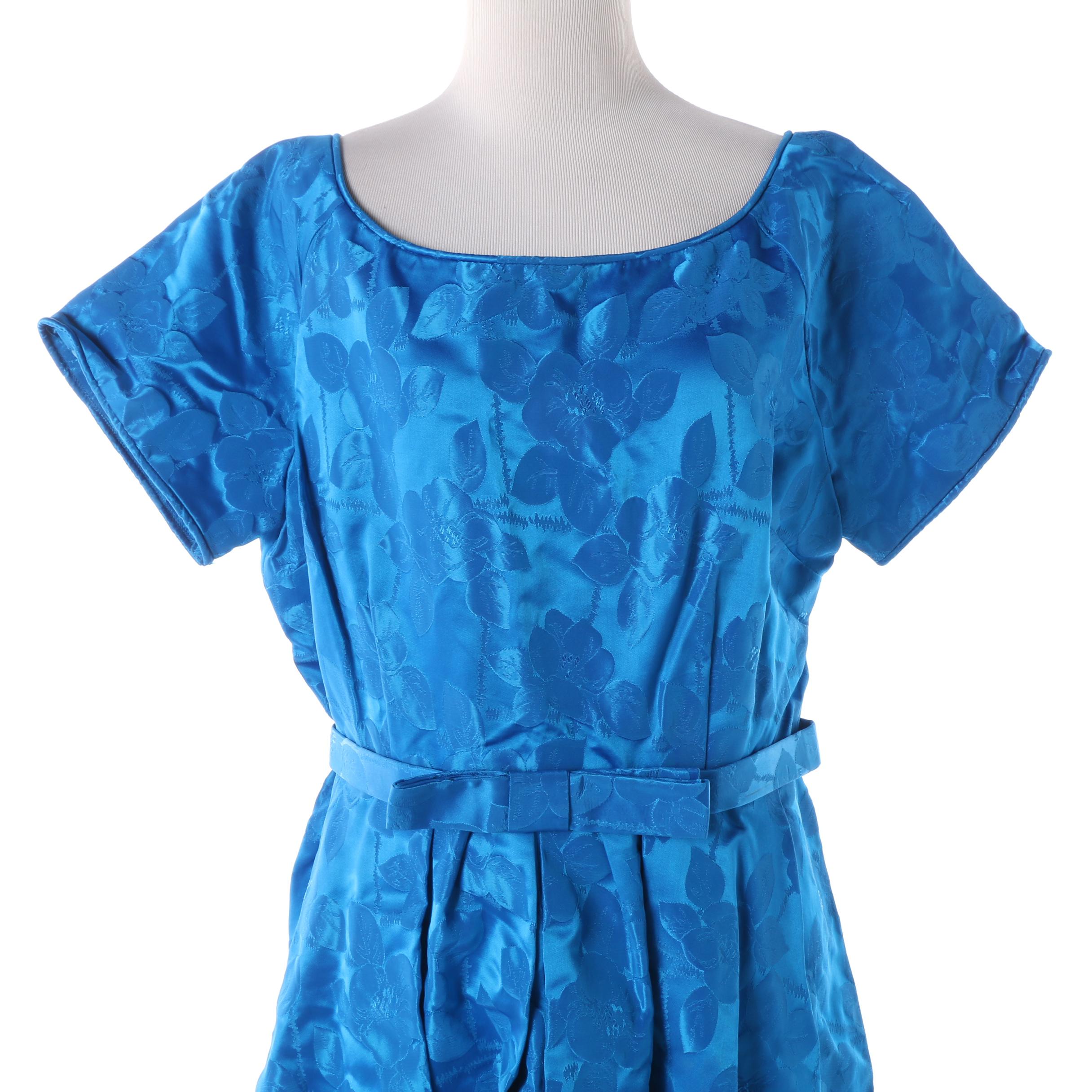 1950s Vintage Blue Floral Satin Brocade Occasion Dress