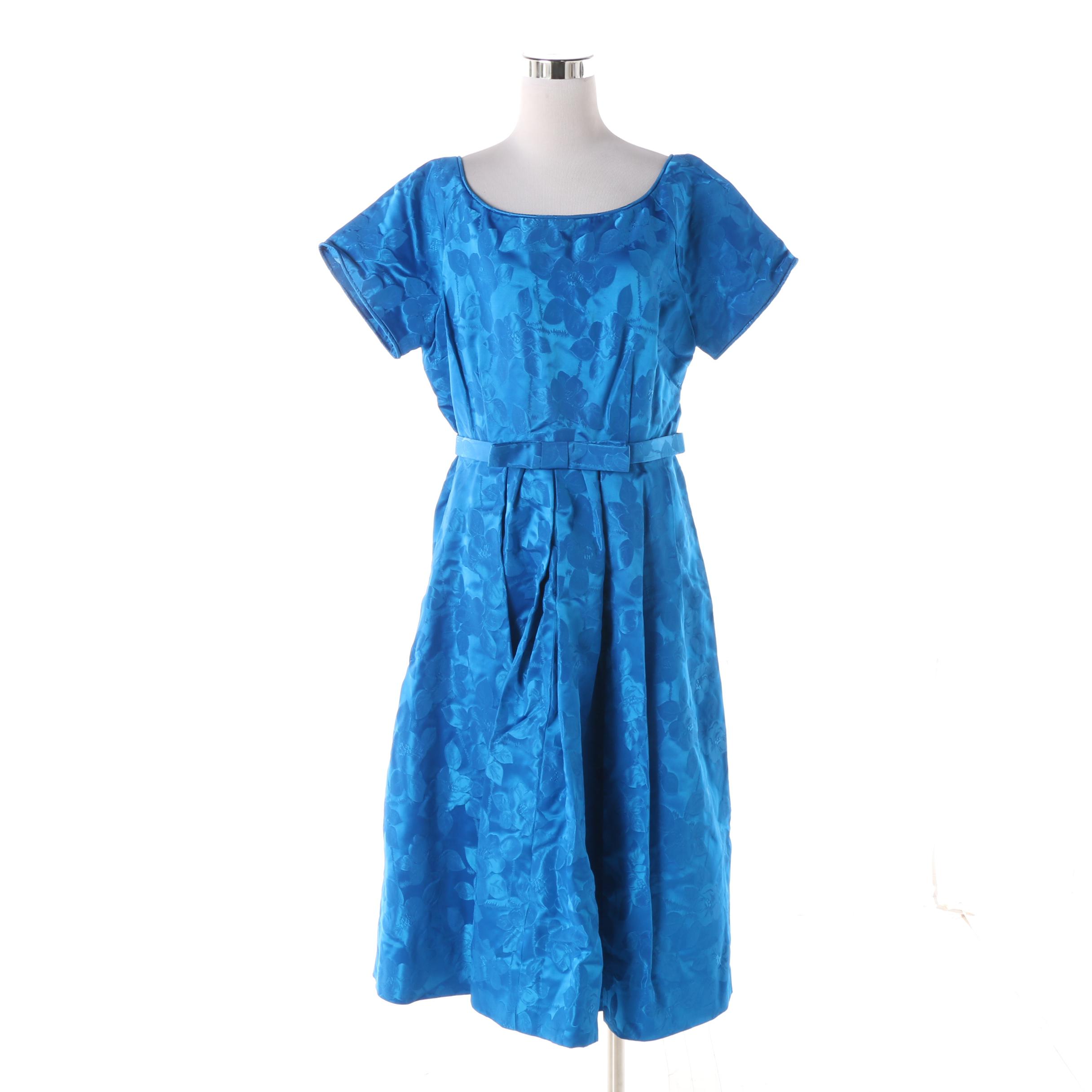 1950s Vintage Blue Floral Satin Brocade Occasion Dress