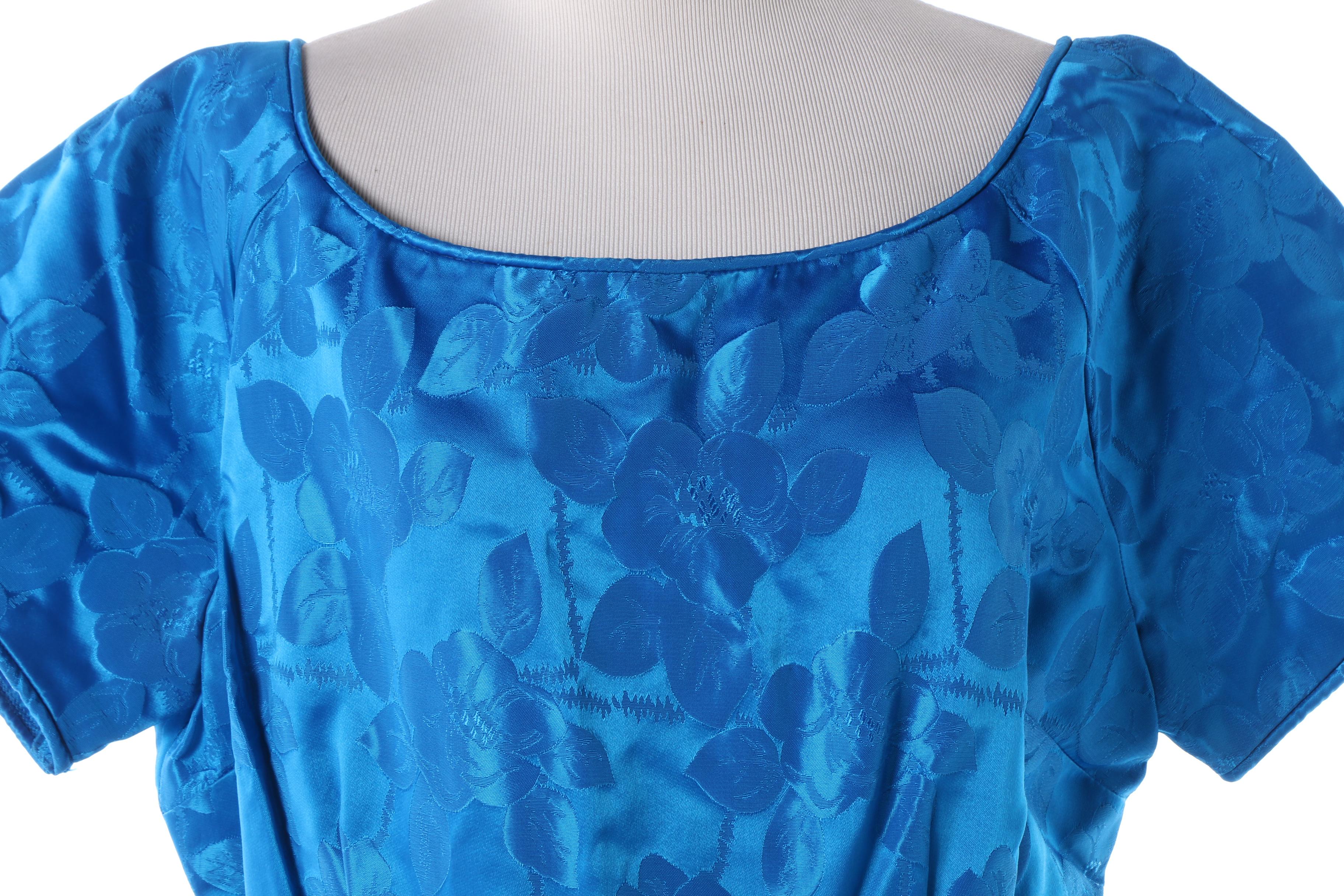 1950s Vintage Blue Floral Satin Brocade Occasion Dress