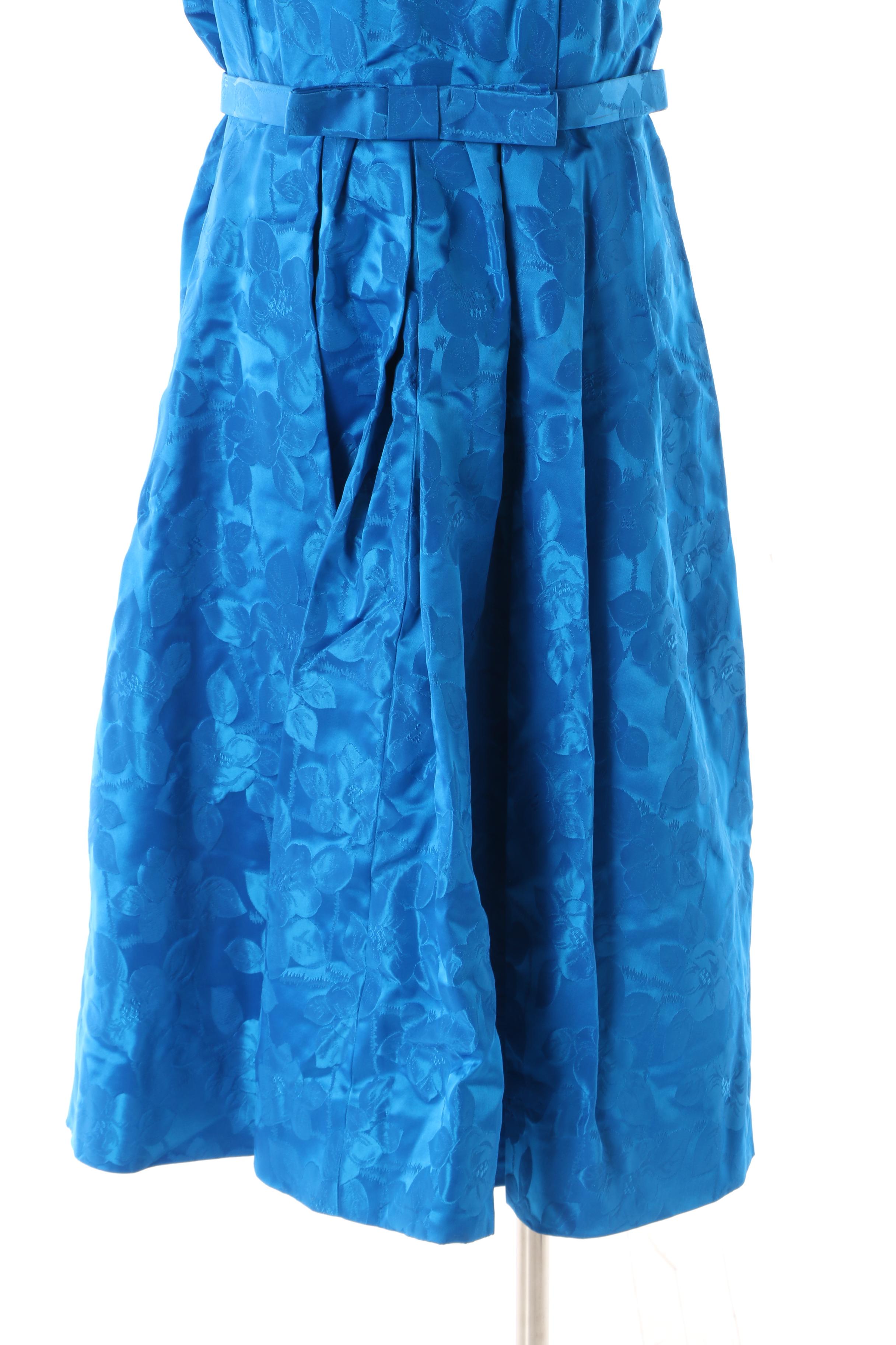 1950s Vintage Blue Floral Satin Brocade Occasion Dress