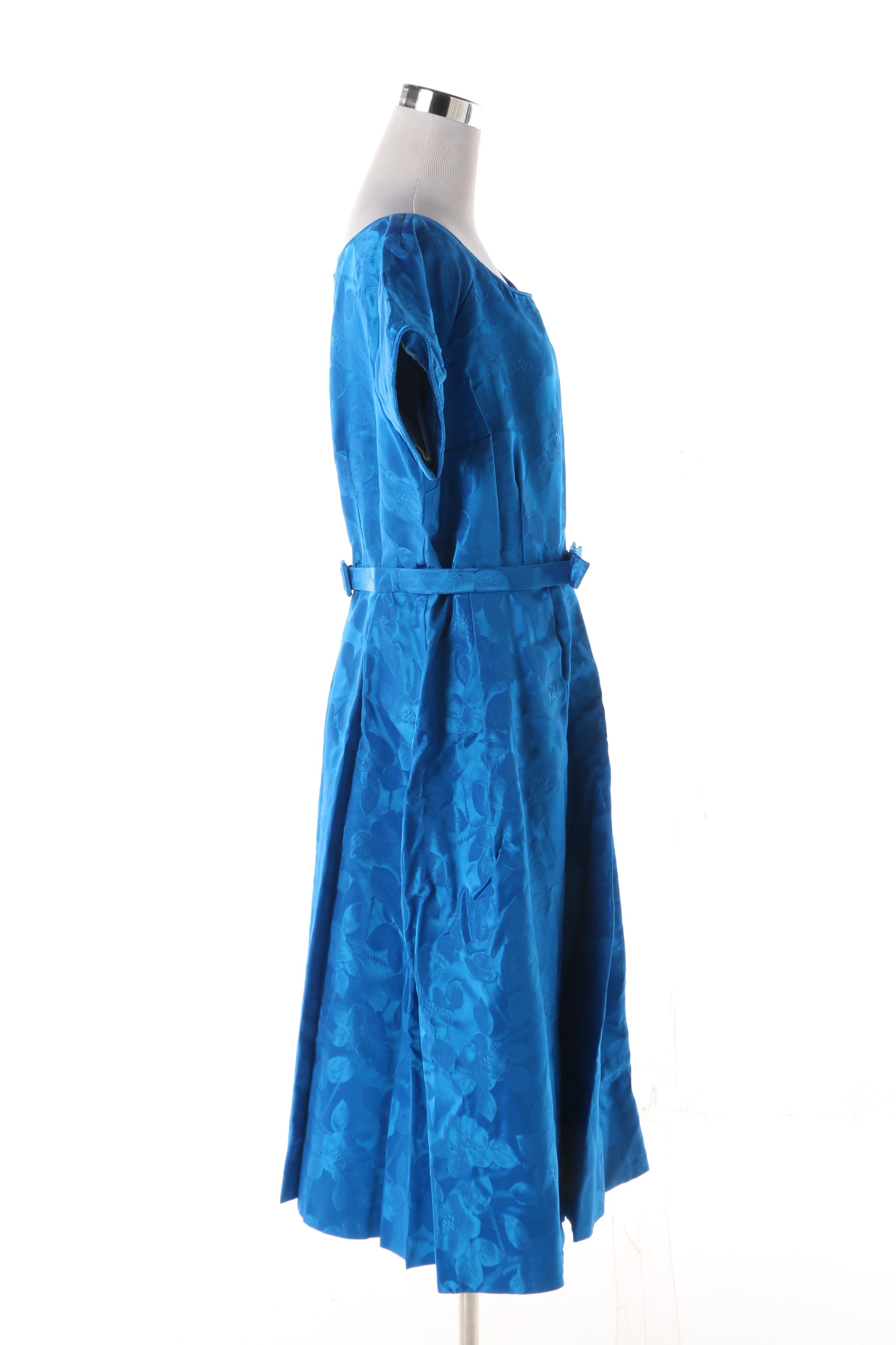 1950s Vintage Blue Floral Satin Brocade Occasion Dress