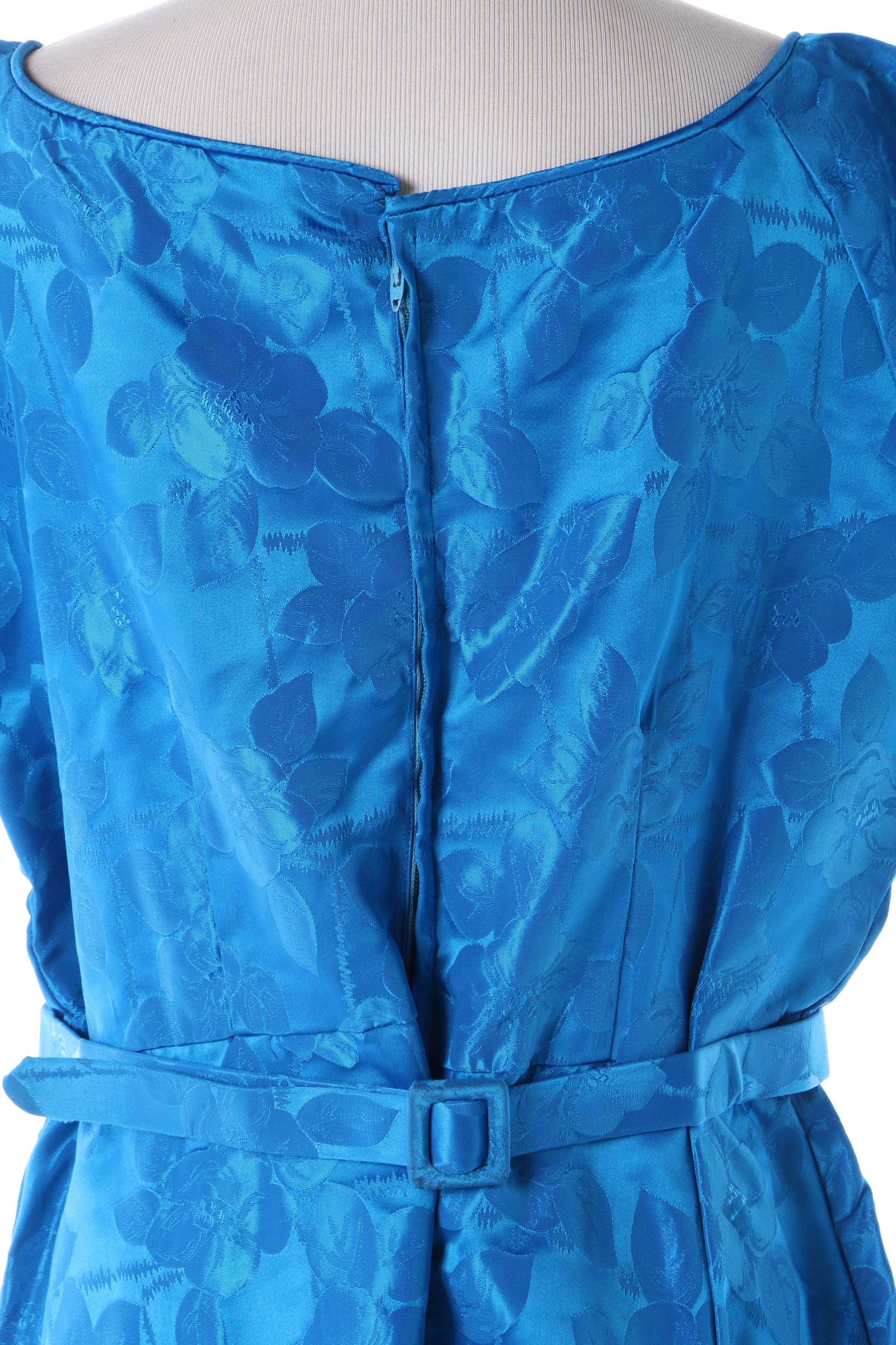 1950s Vintage Blue Floral Satin Brocade Occasion Dress