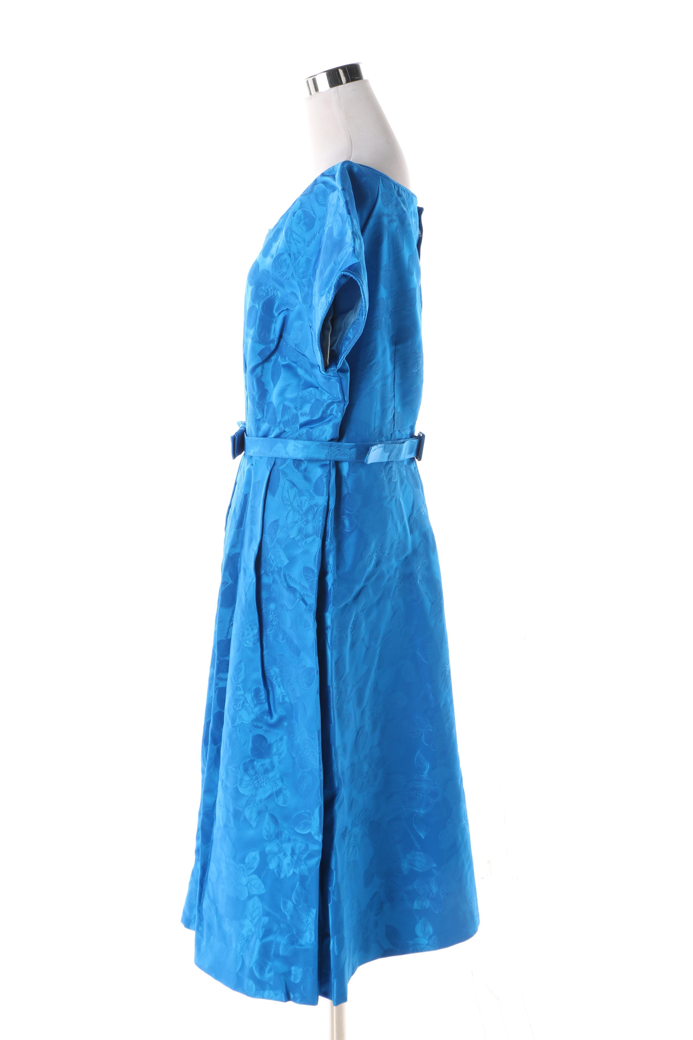 1950s Vintage Blue Floral Satin Brocade Occasion Dress