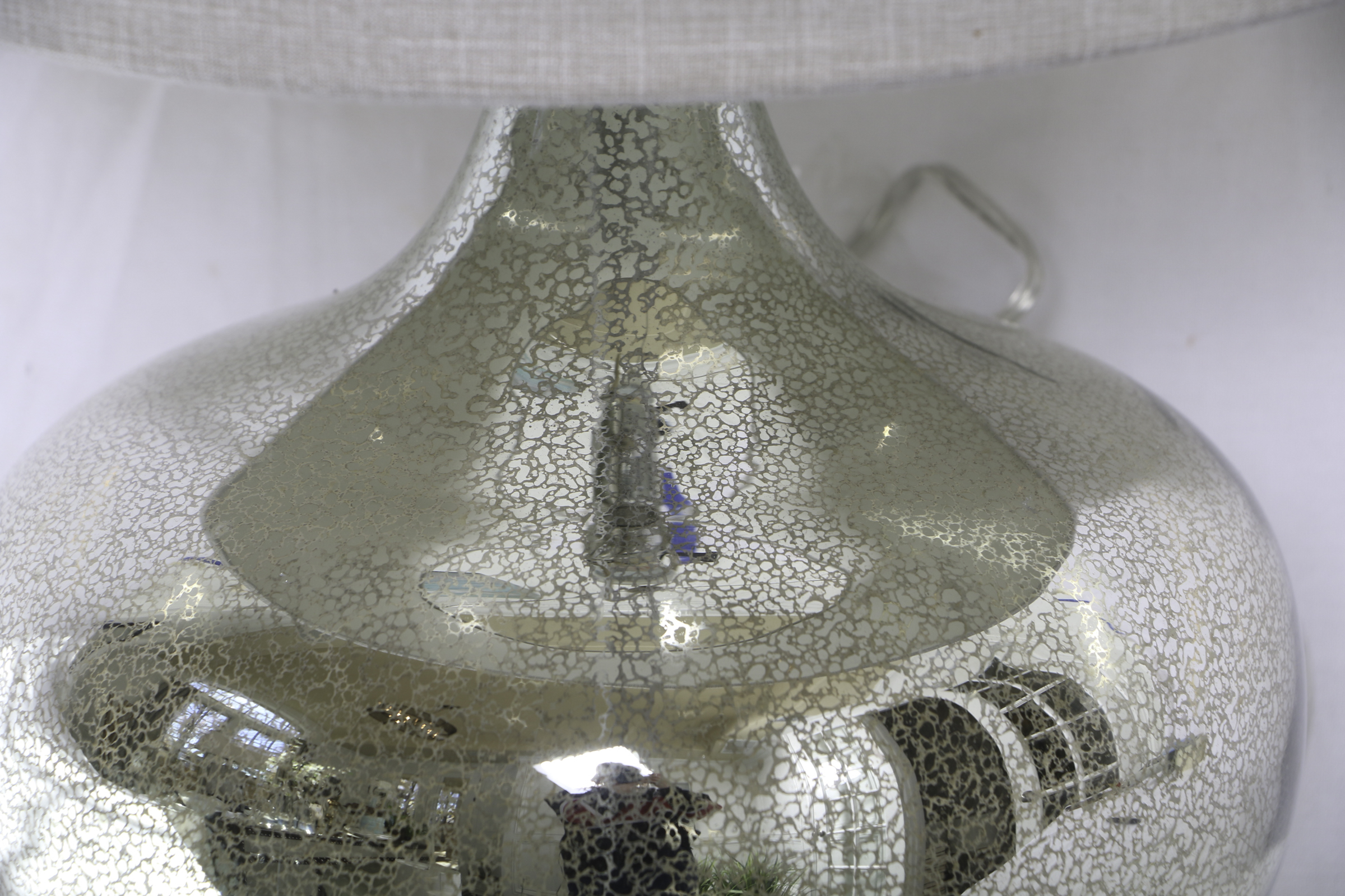 Silver Tone Mercury Glass Style Squat Table Lamp with Drum Shade