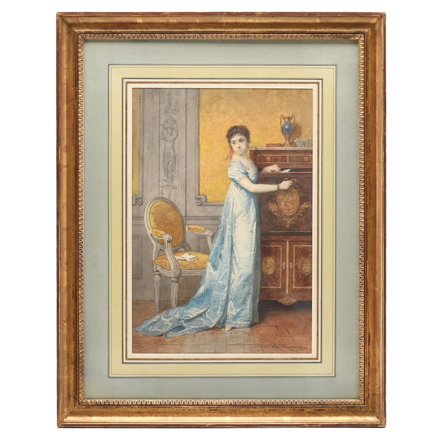 Edouard-Jean-Conrad Hamman Watercolor "Elégante au secrétaire"
