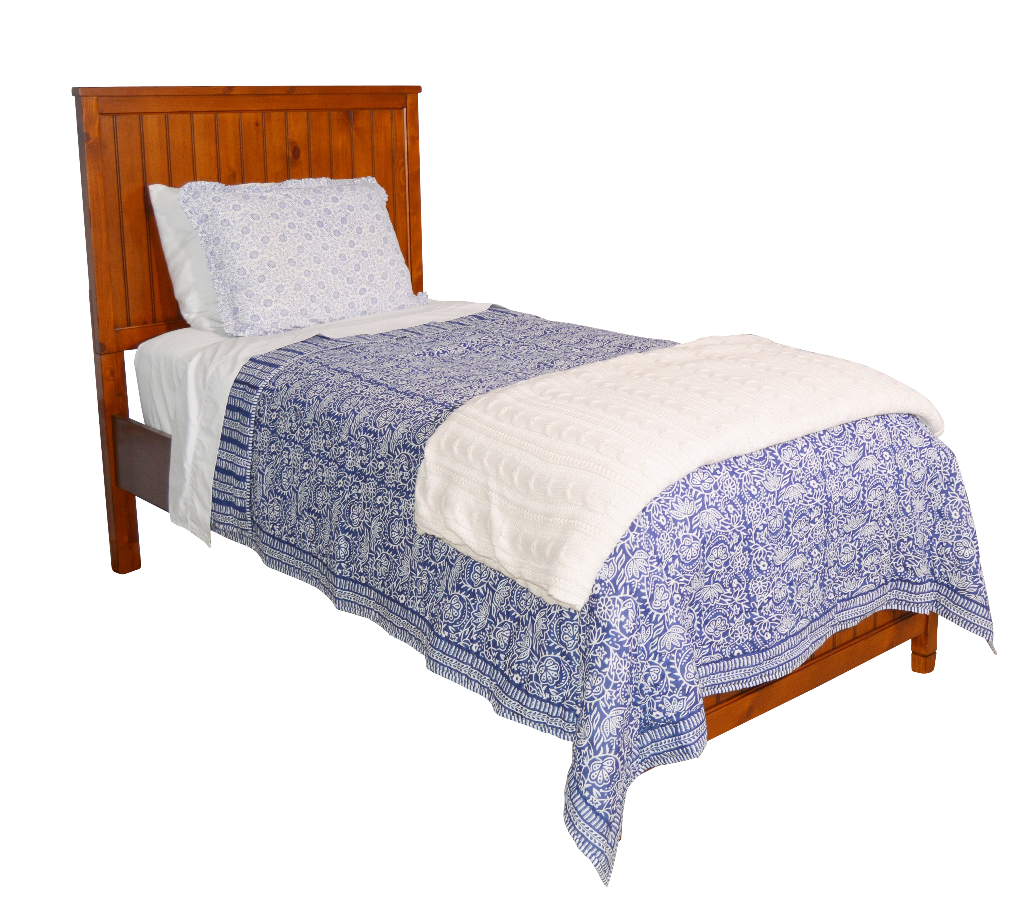 Pottery Barn Pine Beadboard Twin Bed, Pottery Barn Blanket and Ballard Coverlet