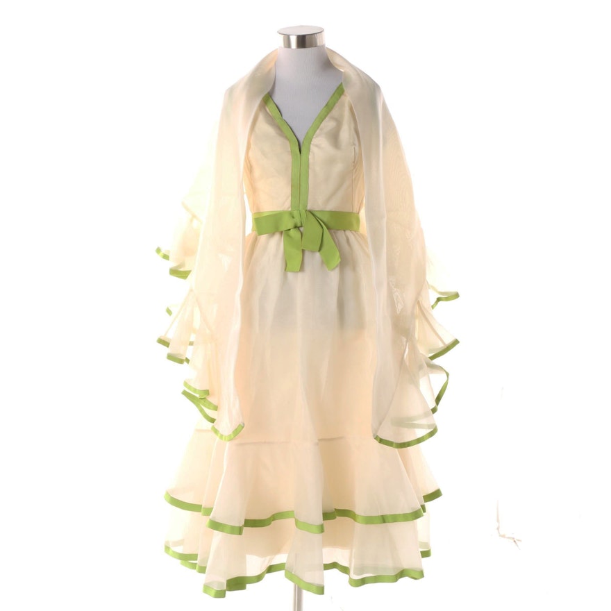 1970s Shannon Rodgers for Jerry Silverman Green and Ivory Dress and Shawl